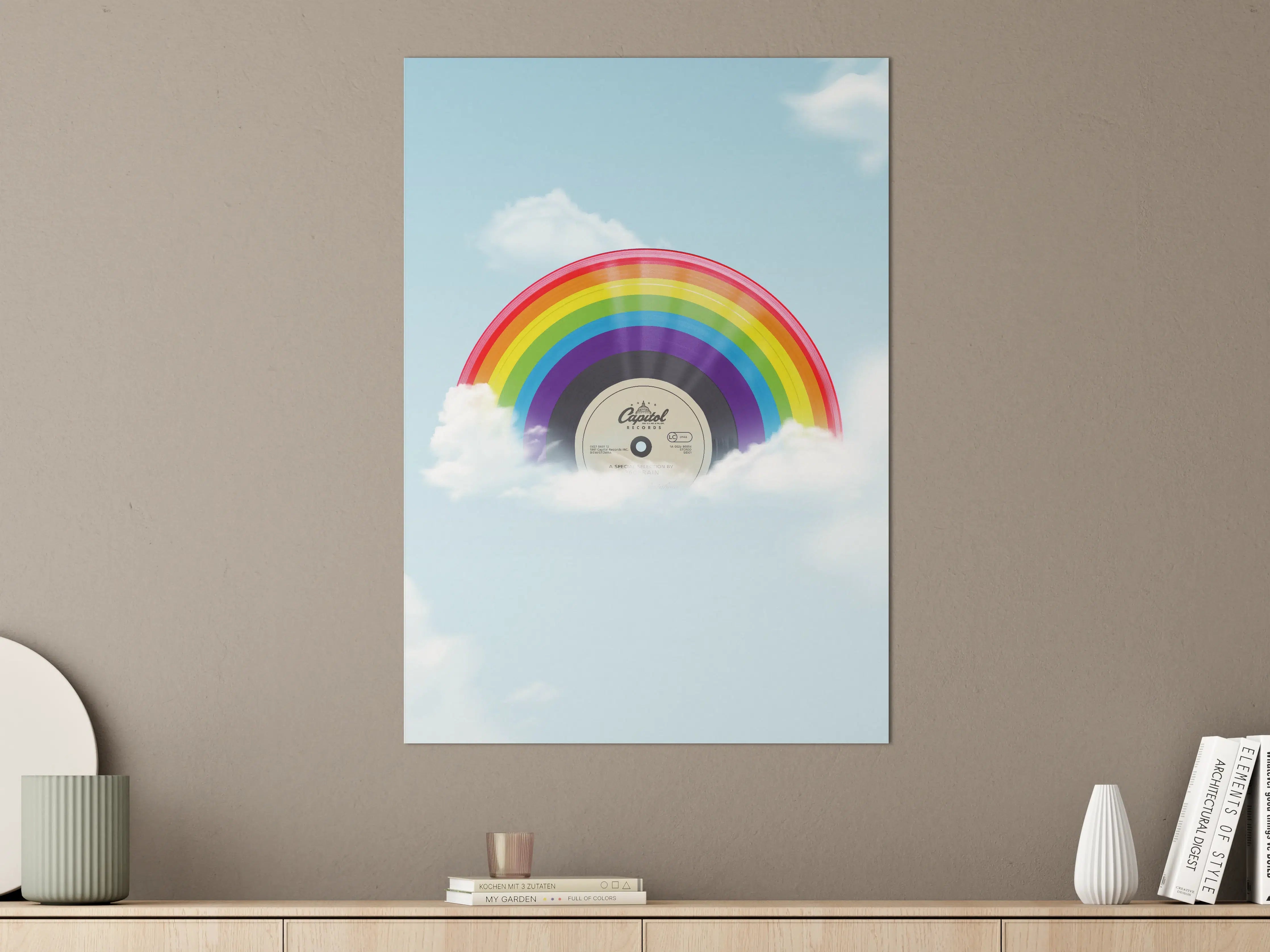 Große Wandbilder - Bunter Regenbogen-Schallplatte in Wolken