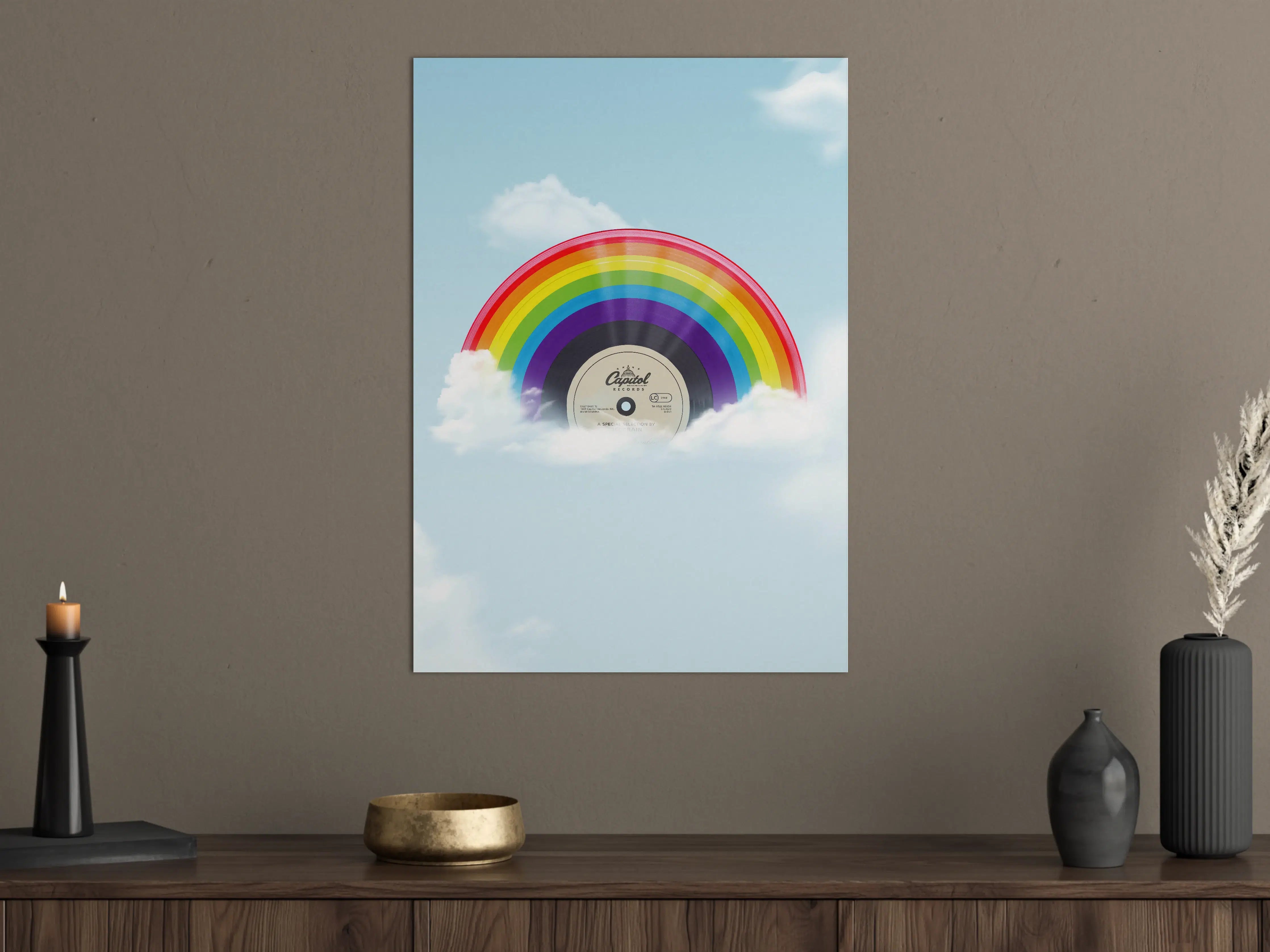 Große Wandbilder - Bunter Regenbogen-Schallplatte in Wolken