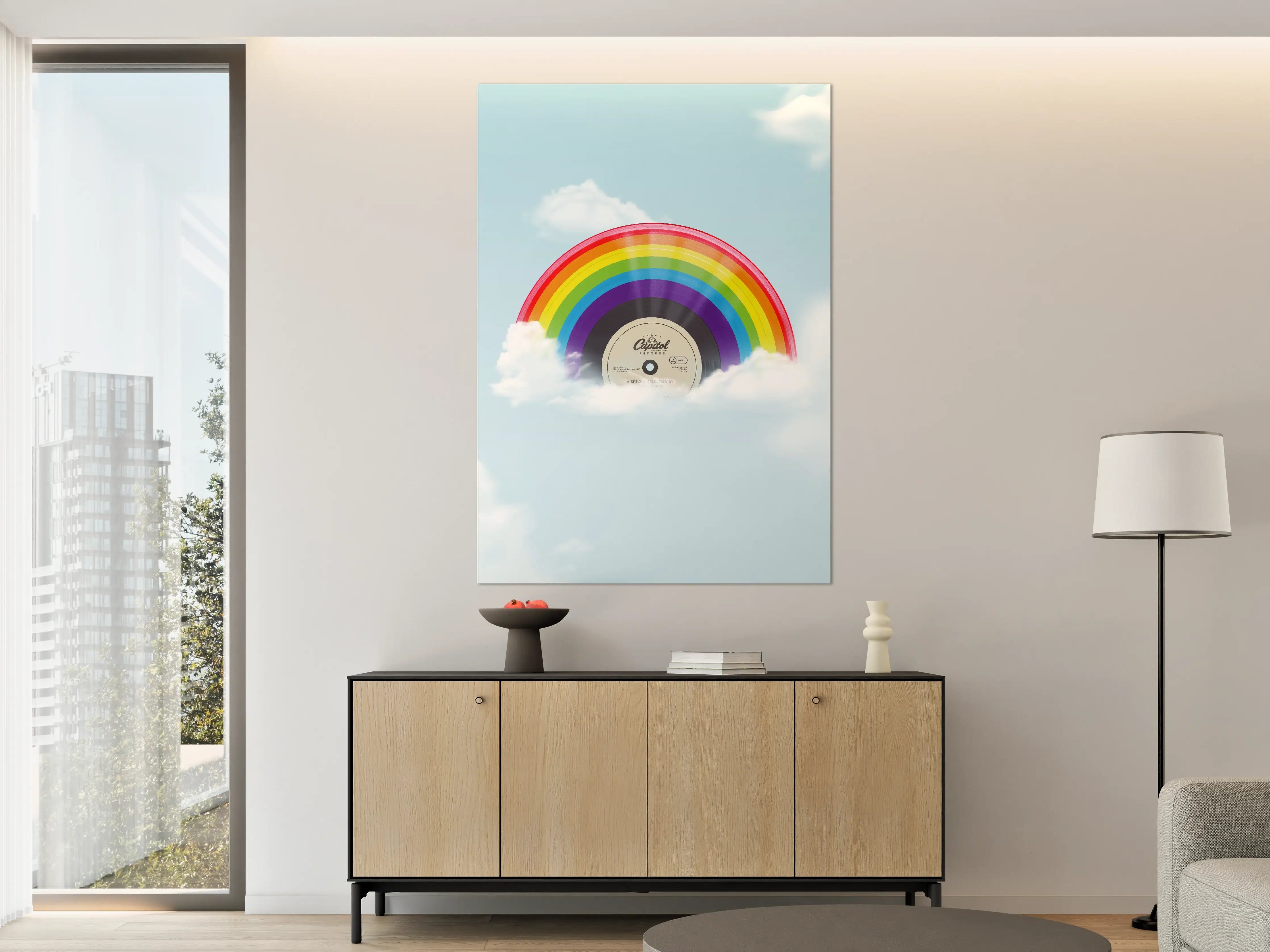Große Wandbilder - Bunter Regenbogen-Schallplatte in Wolken