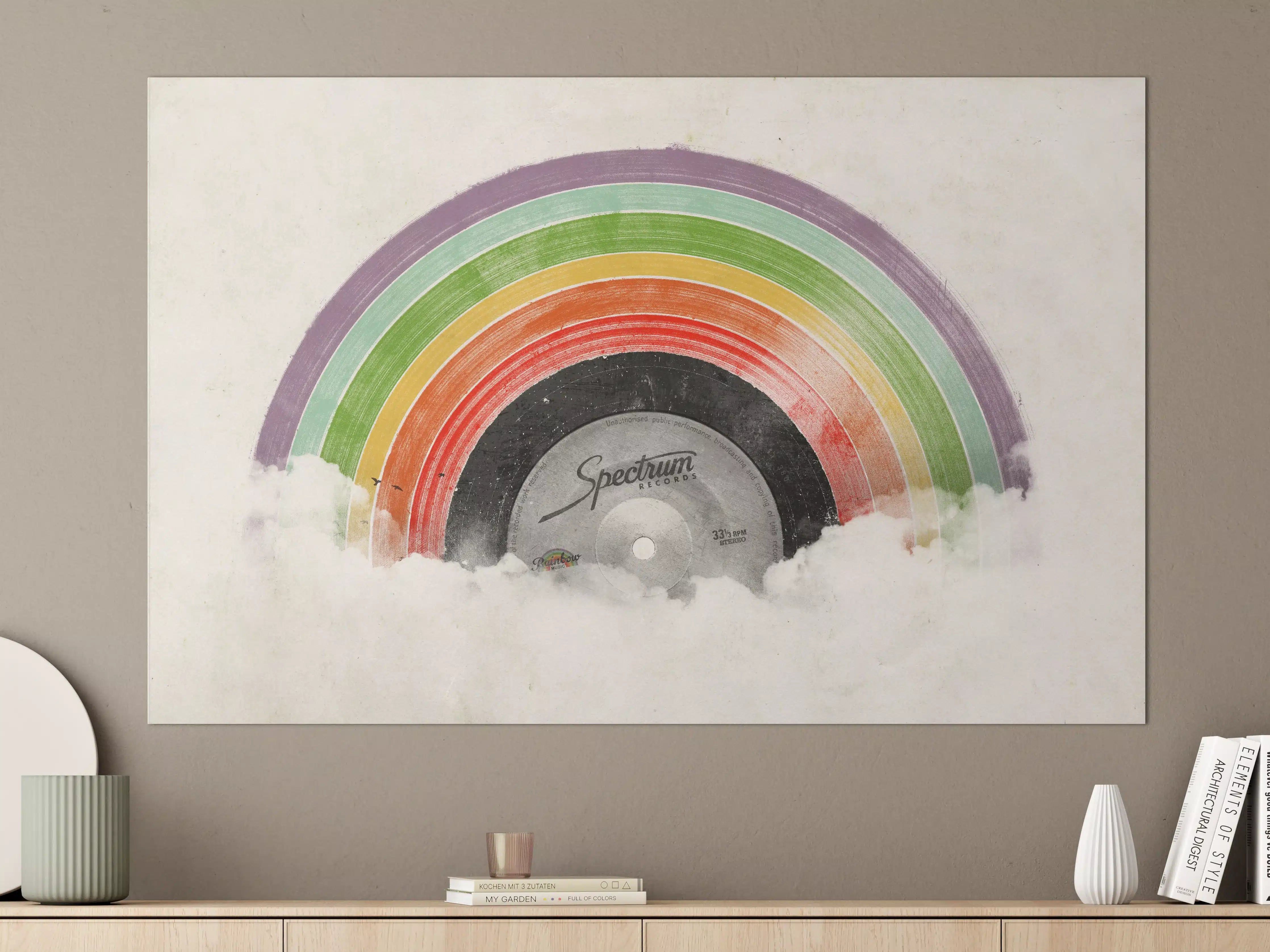Große Wandbilder - Bunter Regenbogen auf Vinylplatte mit Wolken