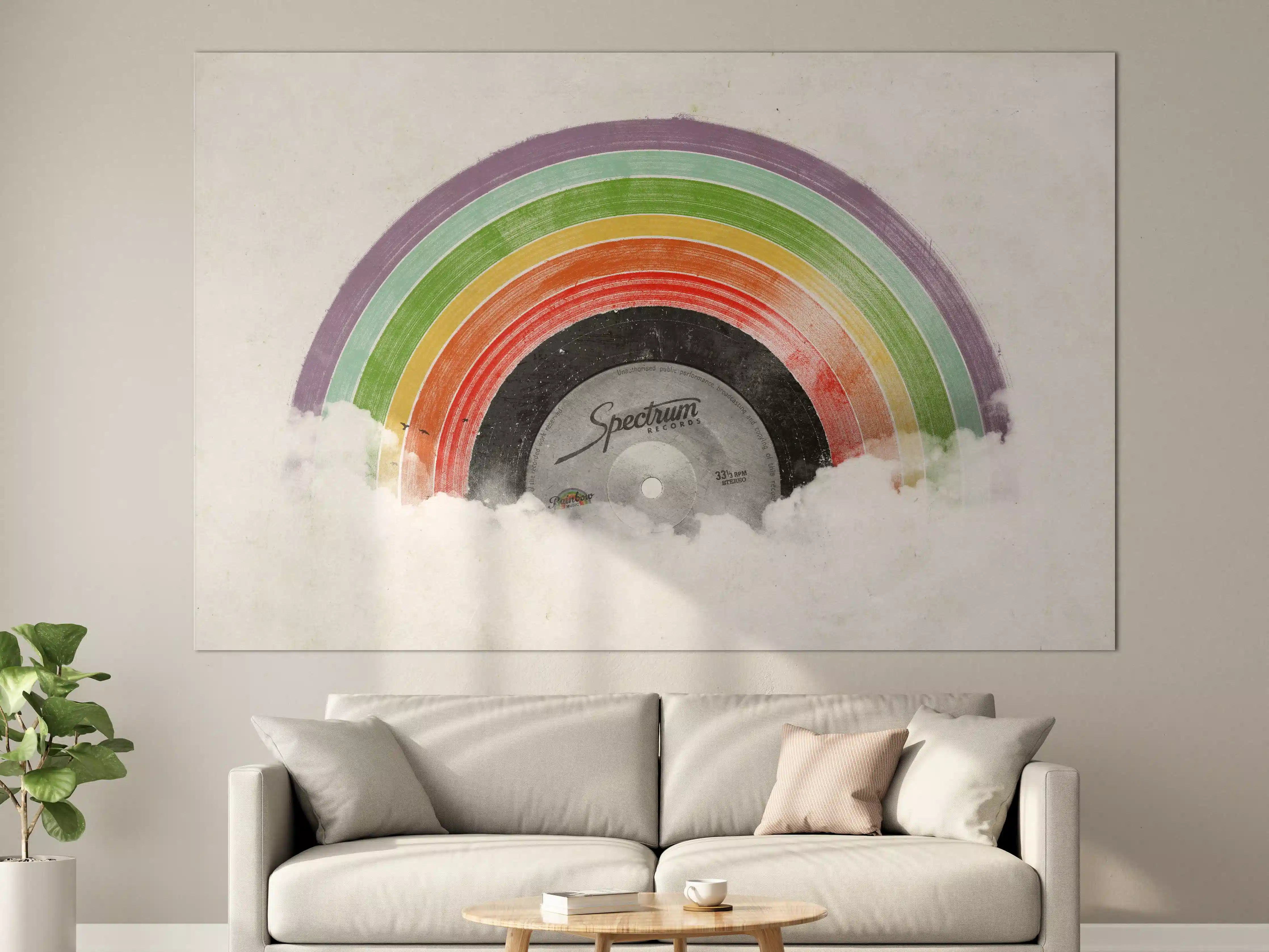 Große Wandbilder - Bunter Regenbogen auf Vinylplatte mit Wolken