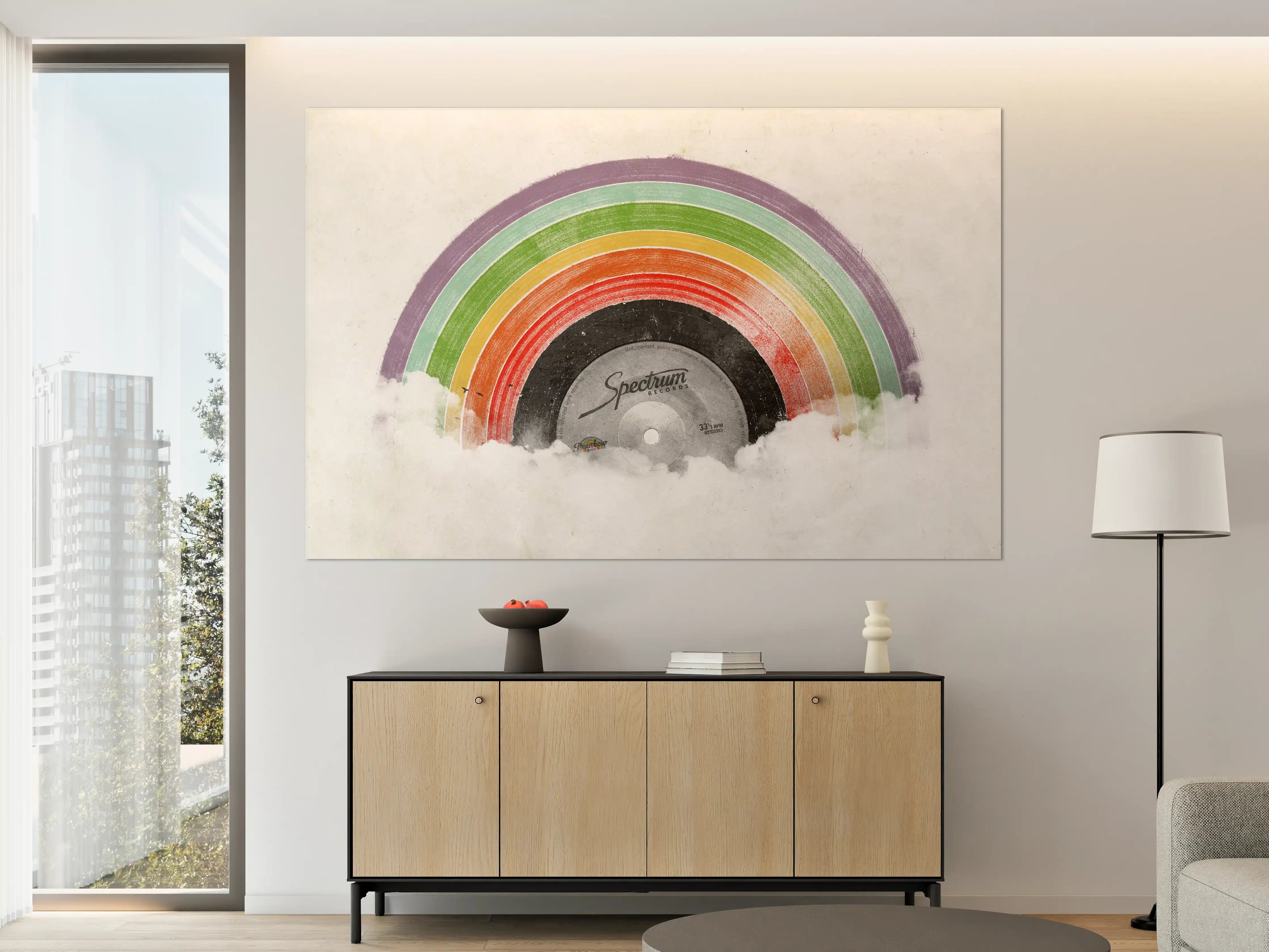 Große Wandbilder - Bunter Regenbogen auf Vinylplatte mit Wolken