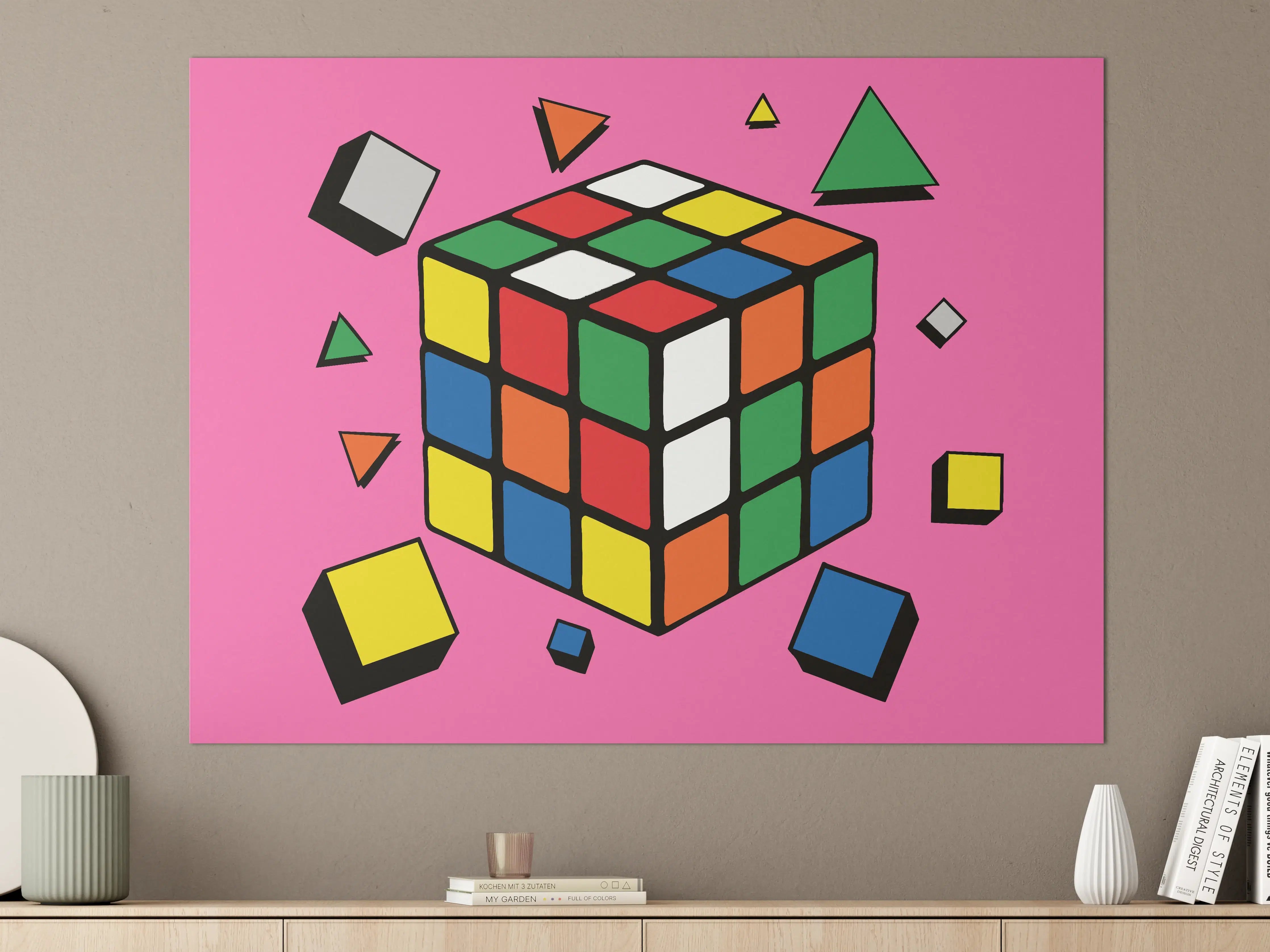 Große Wandbilder - Bunter Rubik's Cube auf Pinkem Hintergrund
