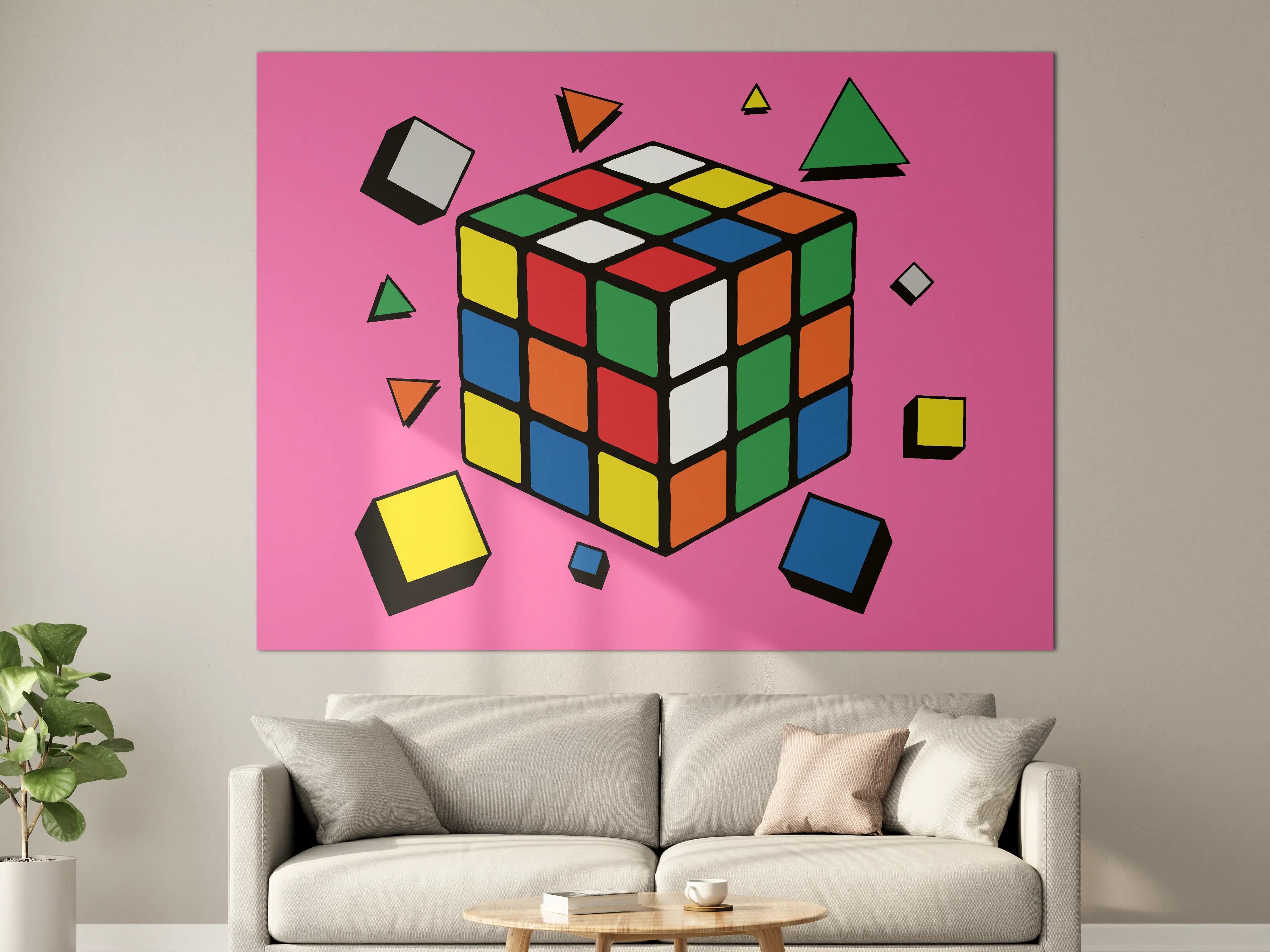 Große Wandbilder - Bunter Rubik's Cube auf Pinkem Hintergrund