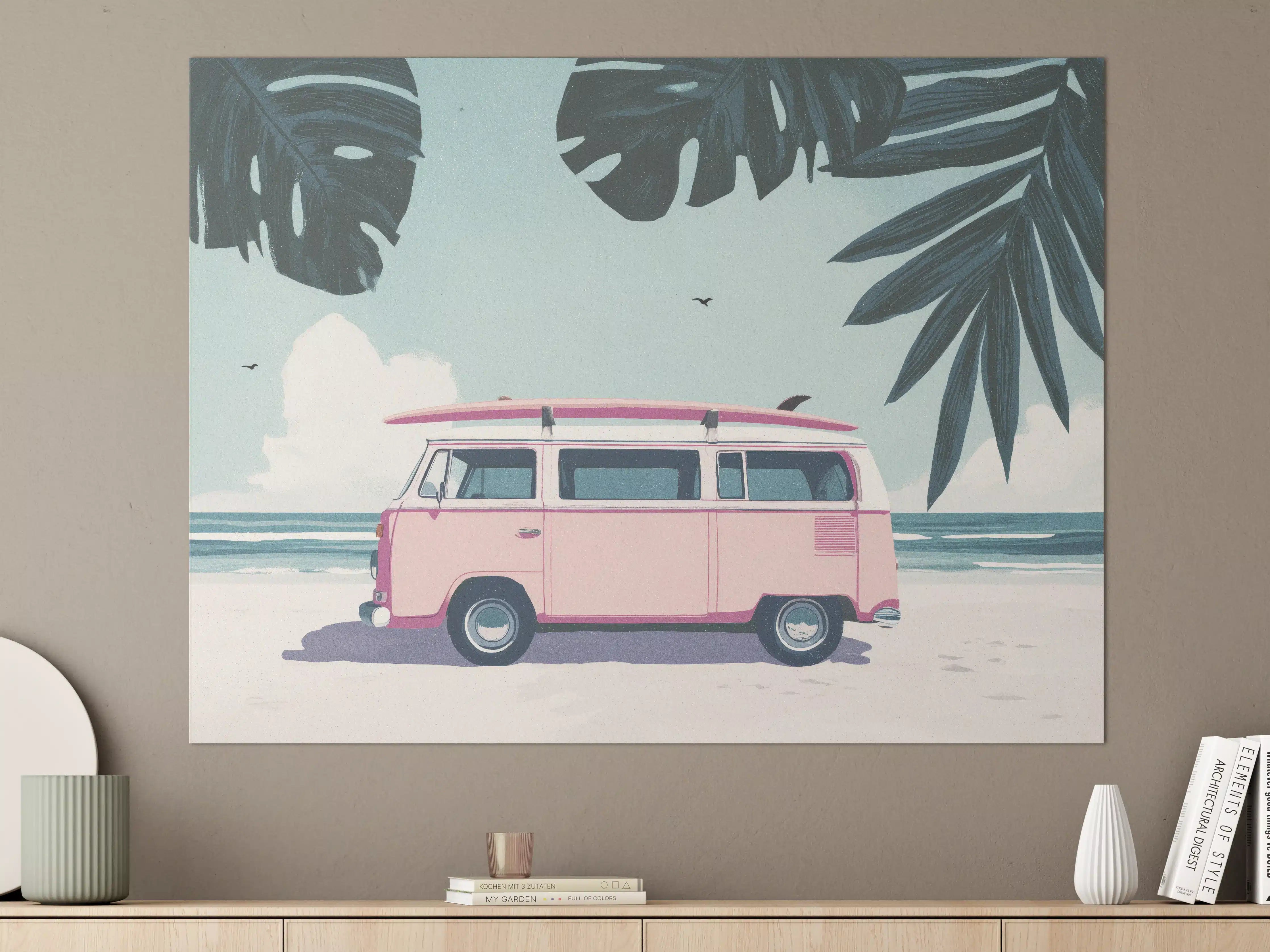 Große Wandbilder - Bunter VW-Bulli am Strand