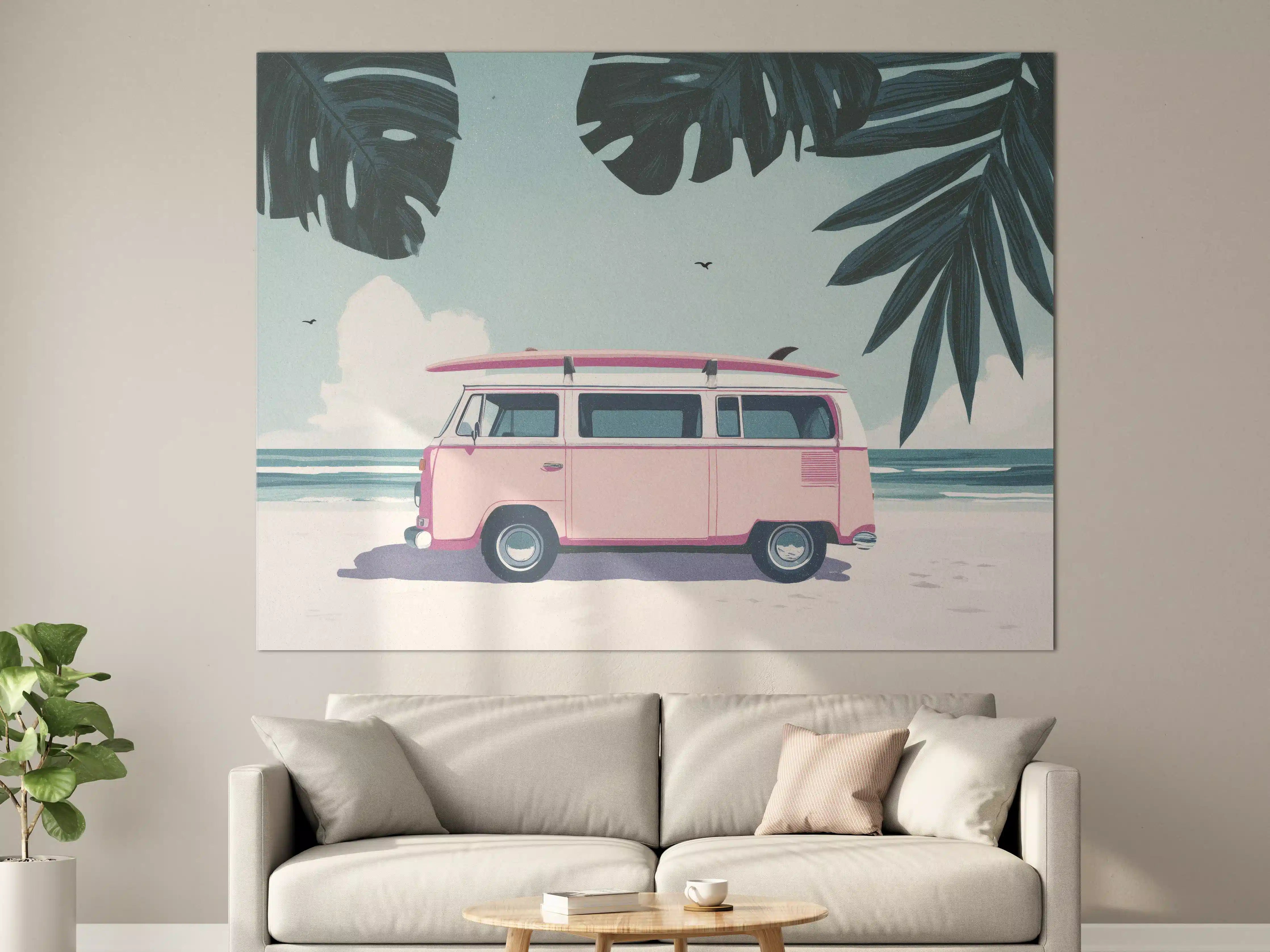 Große Wandbilder - Bunter VW-Bulli am Strand