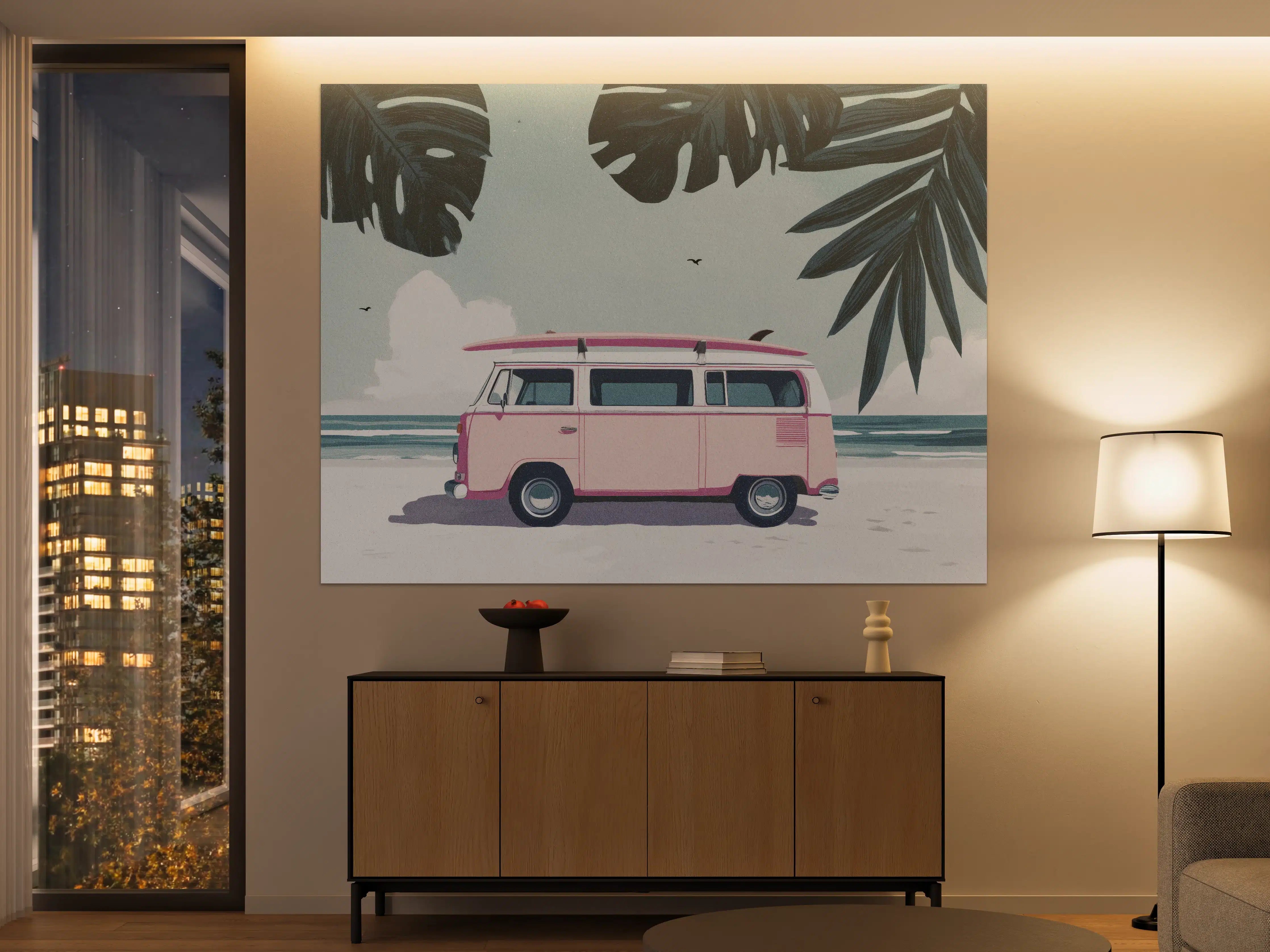 Große Wandbilder - Bunter VW-Bulli am Strand