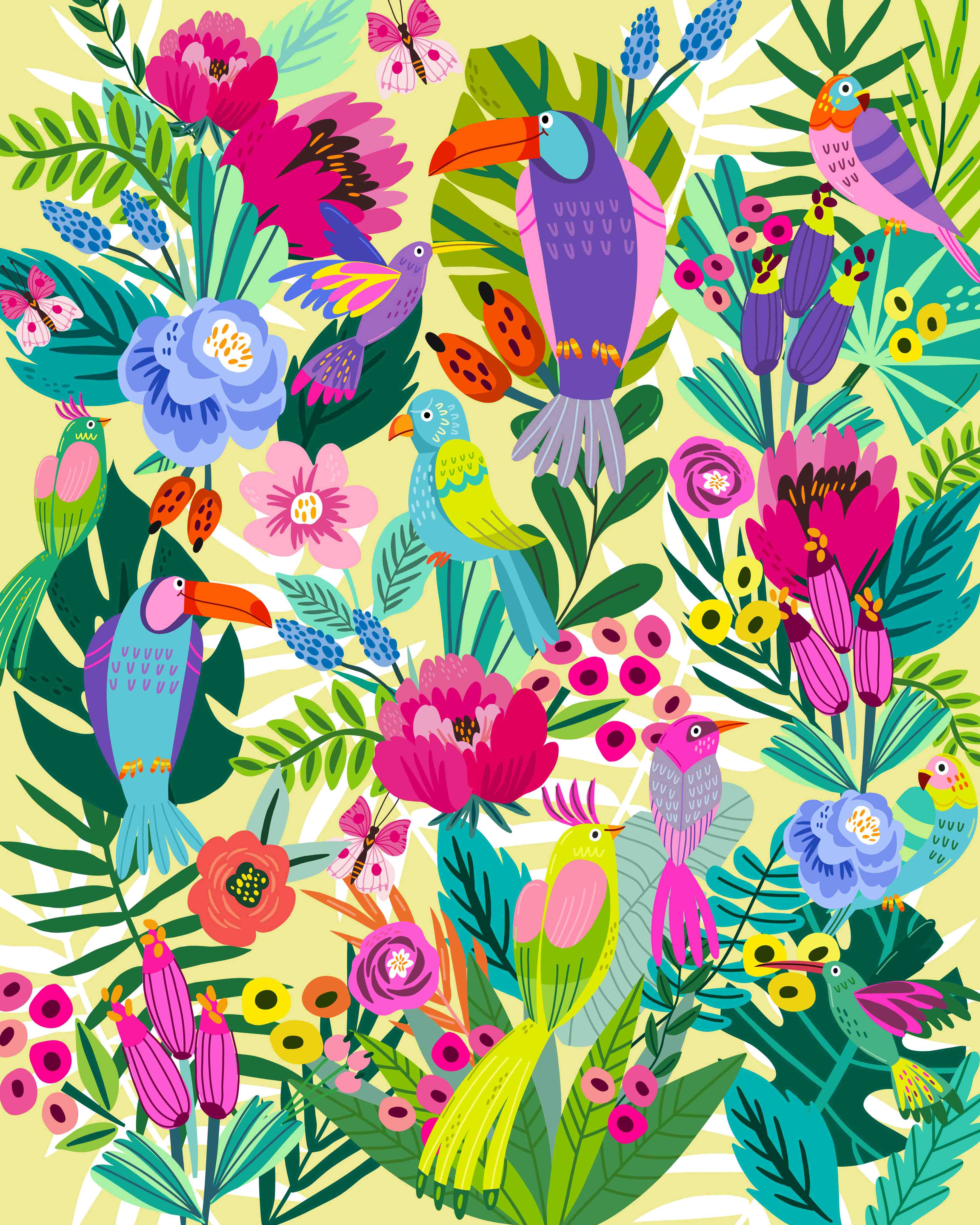 Große Wandbilder-Bunter Vogel- und Pflanzenmix im Dschungel-Design