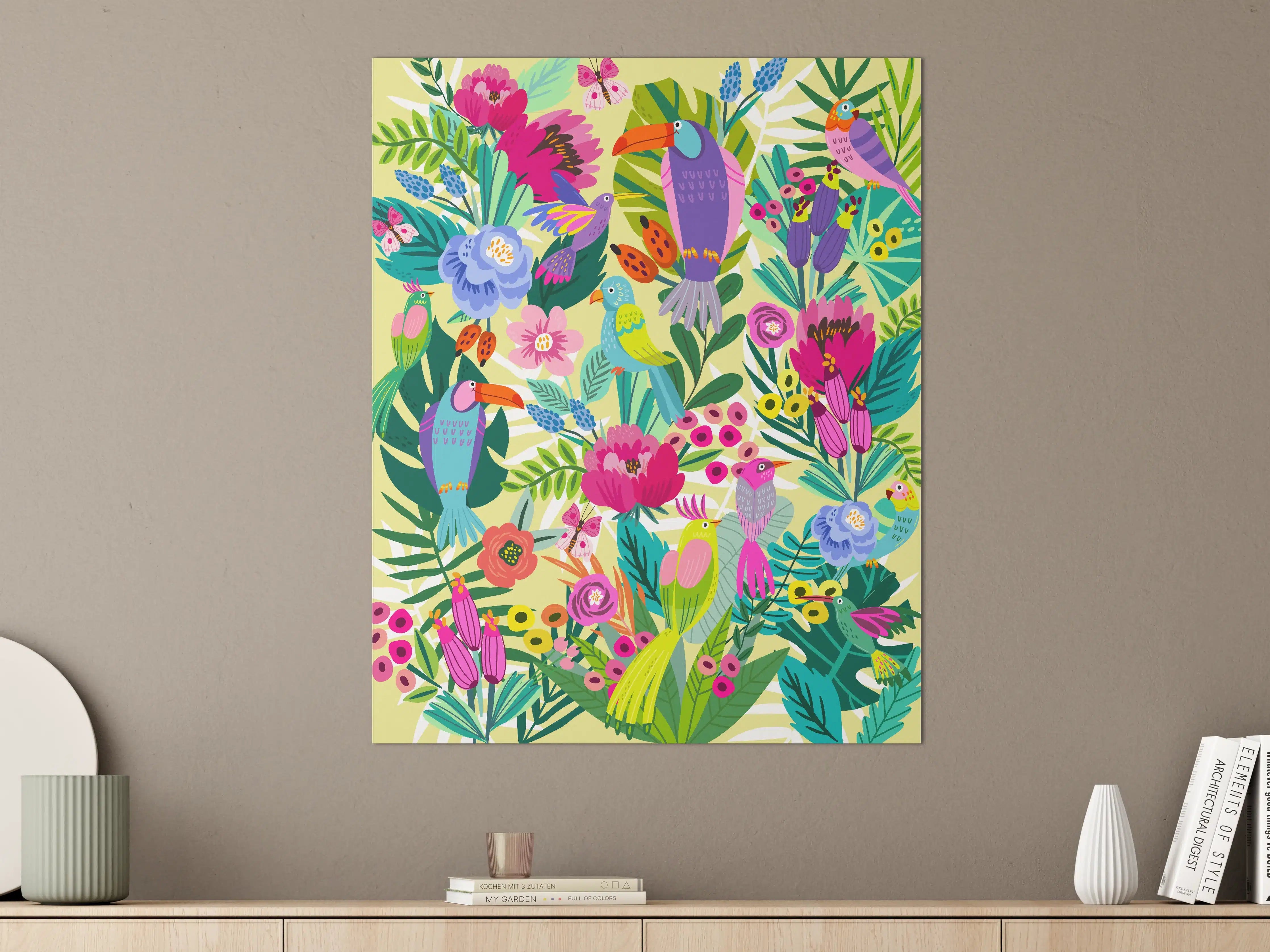 Große Wandbilder - Bunter Vogel- und Pflanzenmix im Dschungel-Design