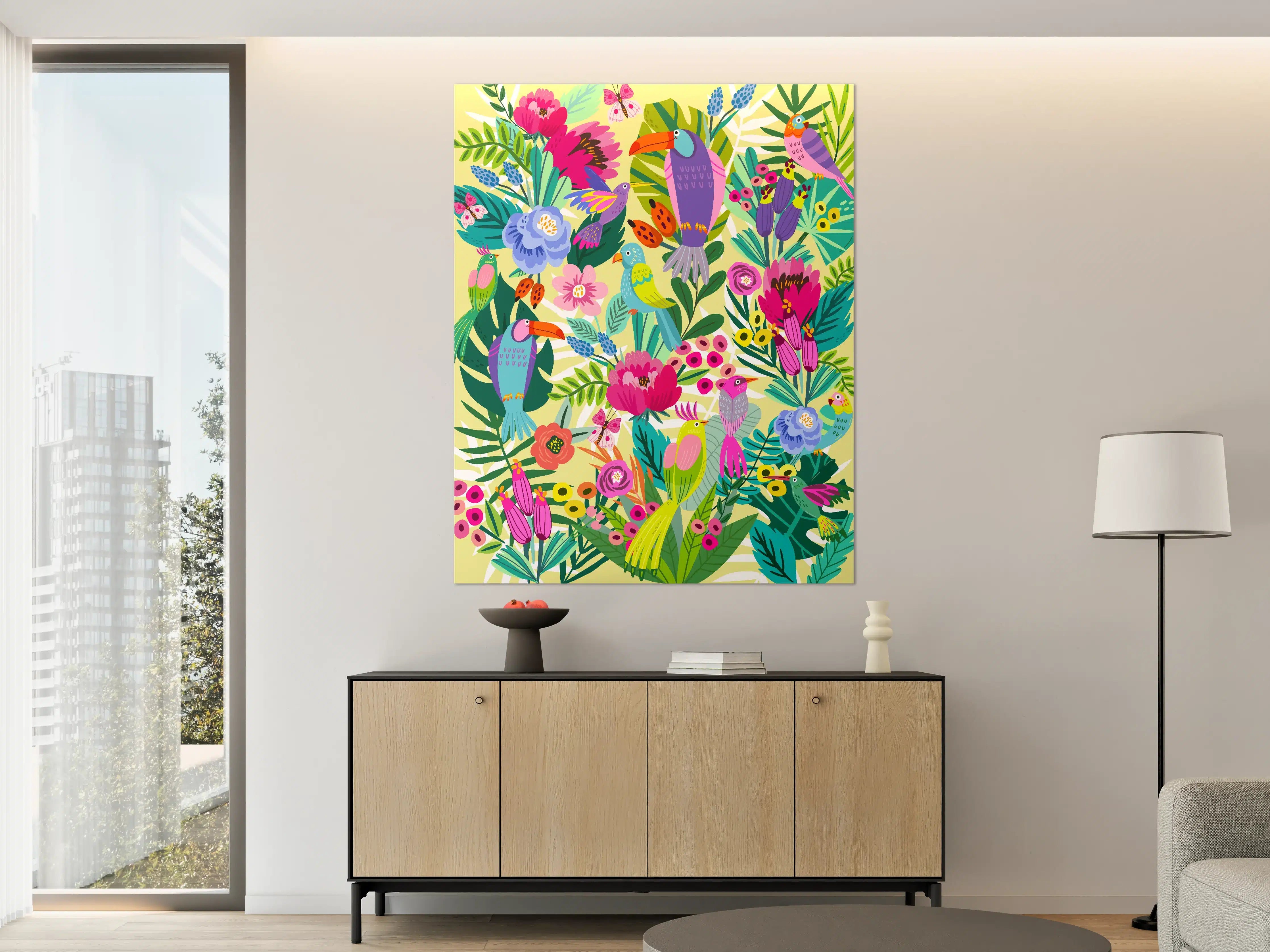 Große Wandbilder - Bunter Vogel- und Pflanzenmix im Dschungel-Design