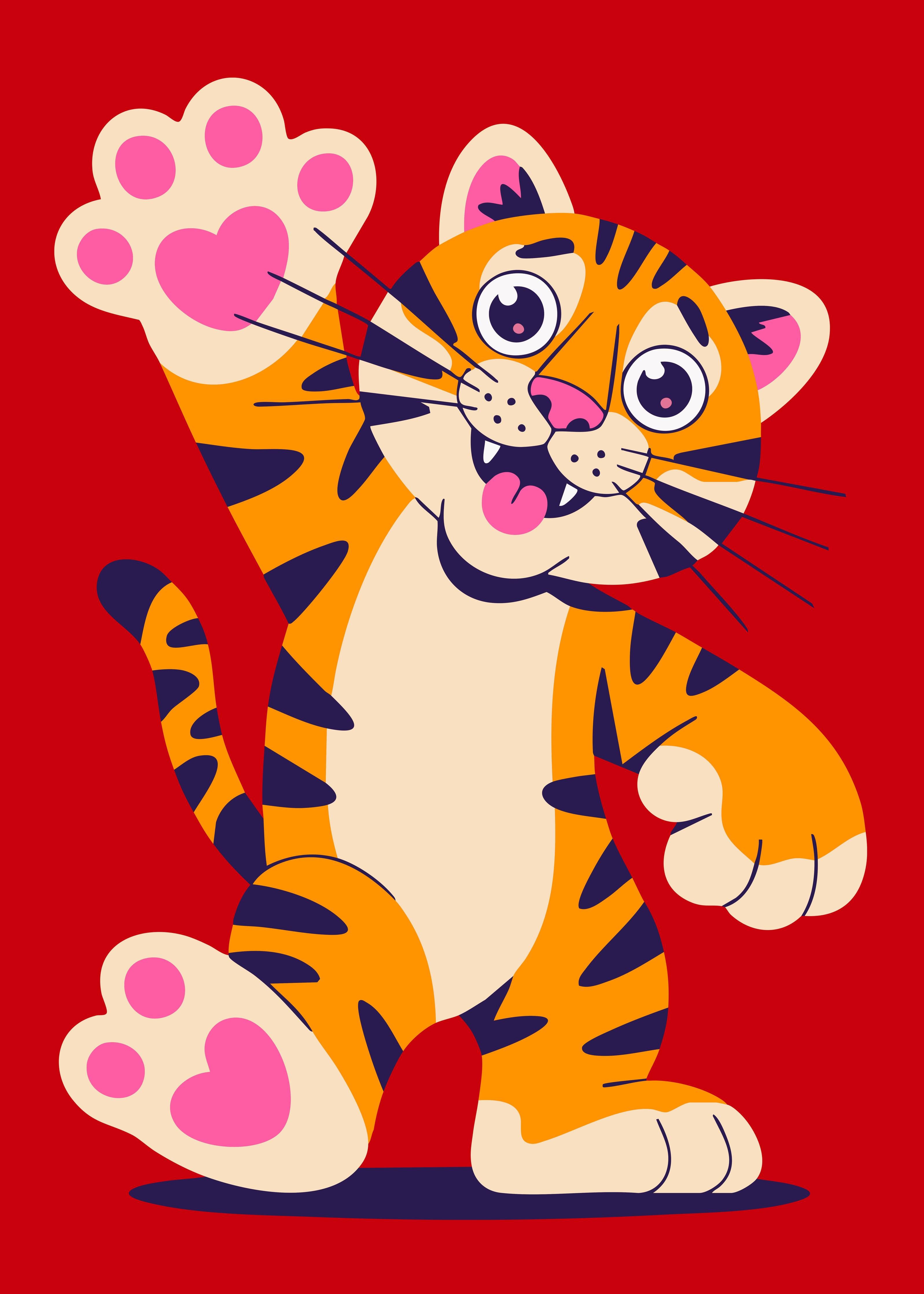 Große Wandbilder-Bunter tigerischer Cartoon mit Pfotenabdruck