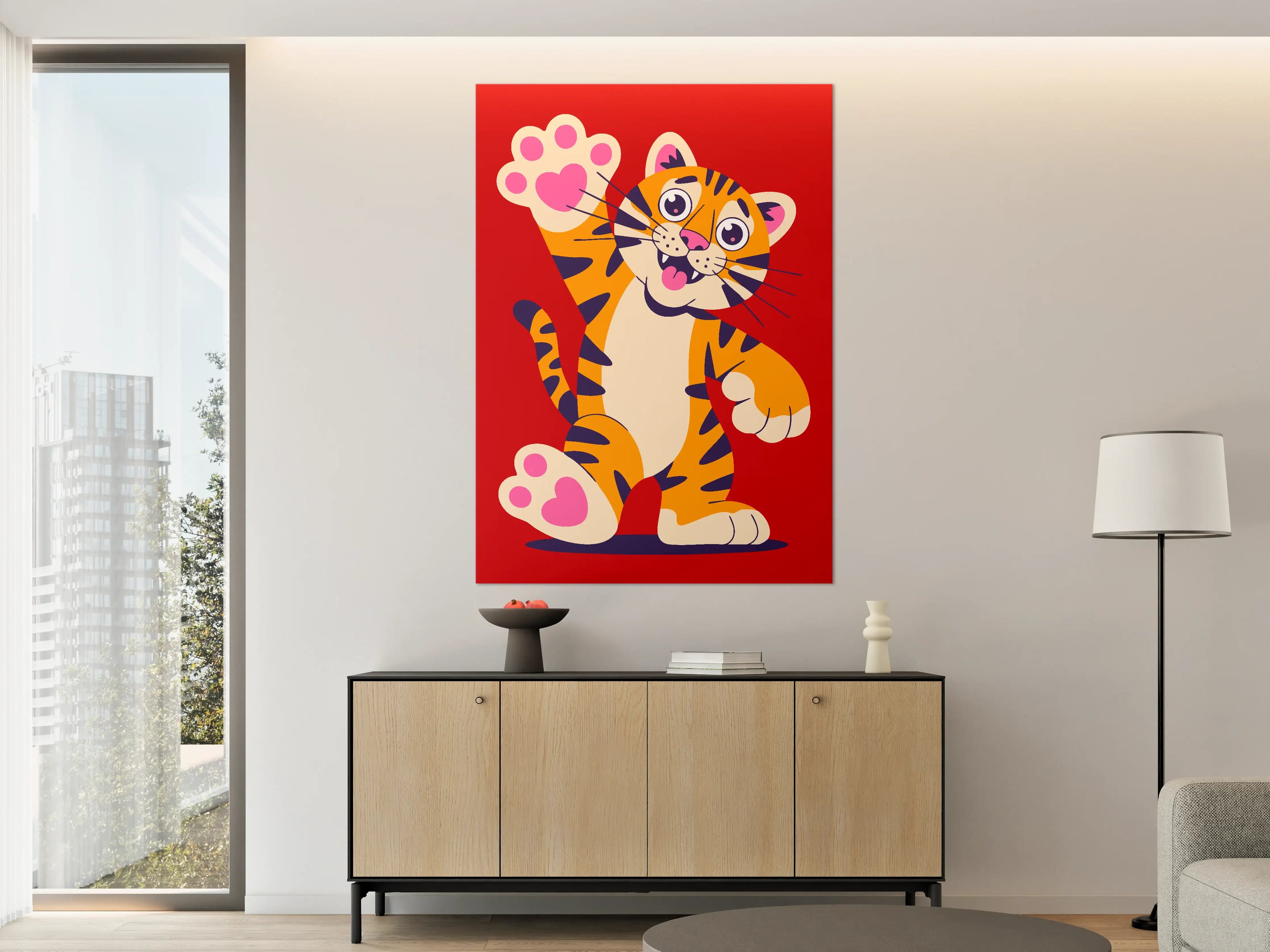 Große Wandbilder - Bunter tigerischer Cartoon mit Pfotenabdruck