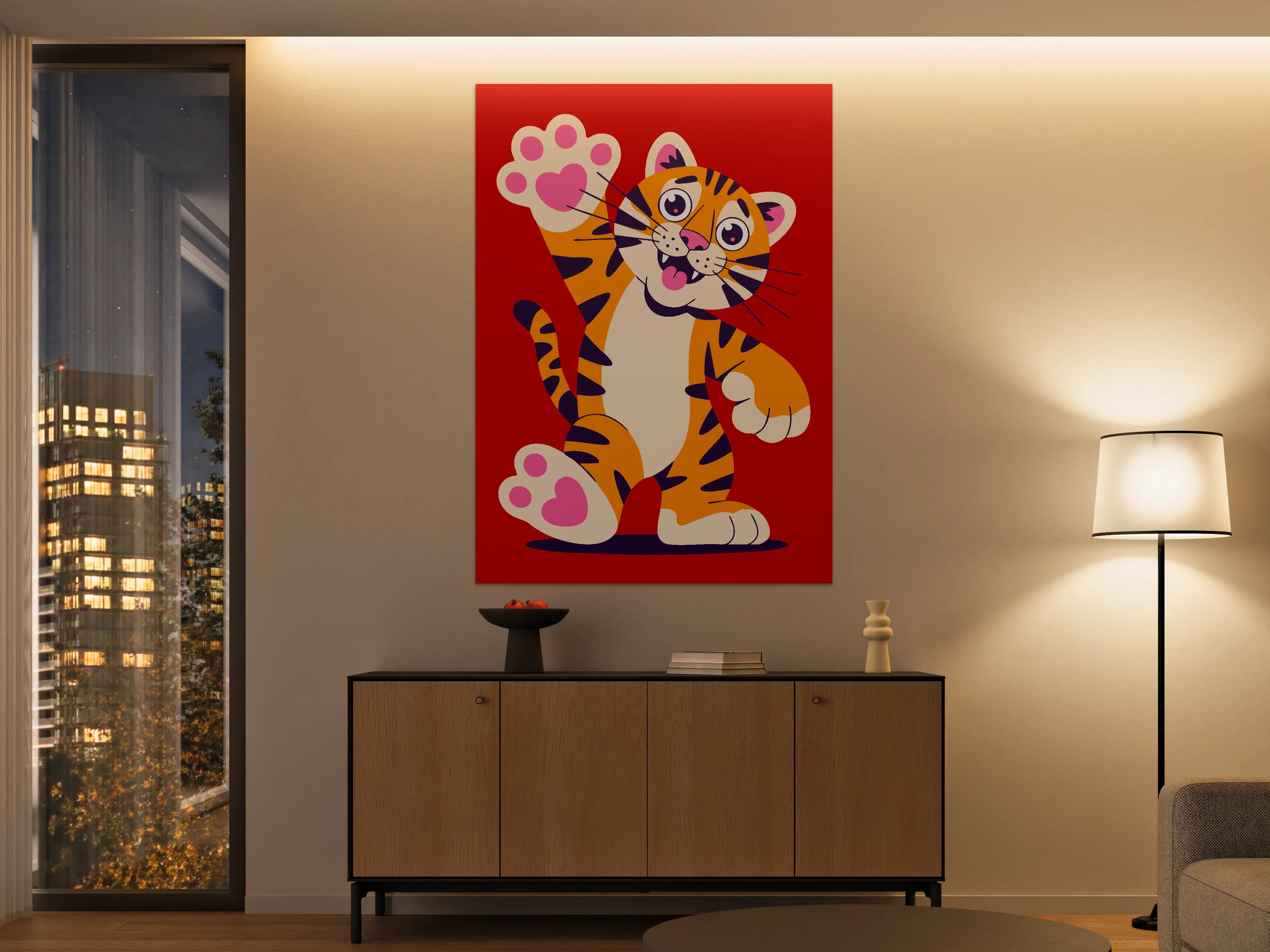 Große Wandbilder - Bunter tigerischer Cartoon mit Pfotenabdruck