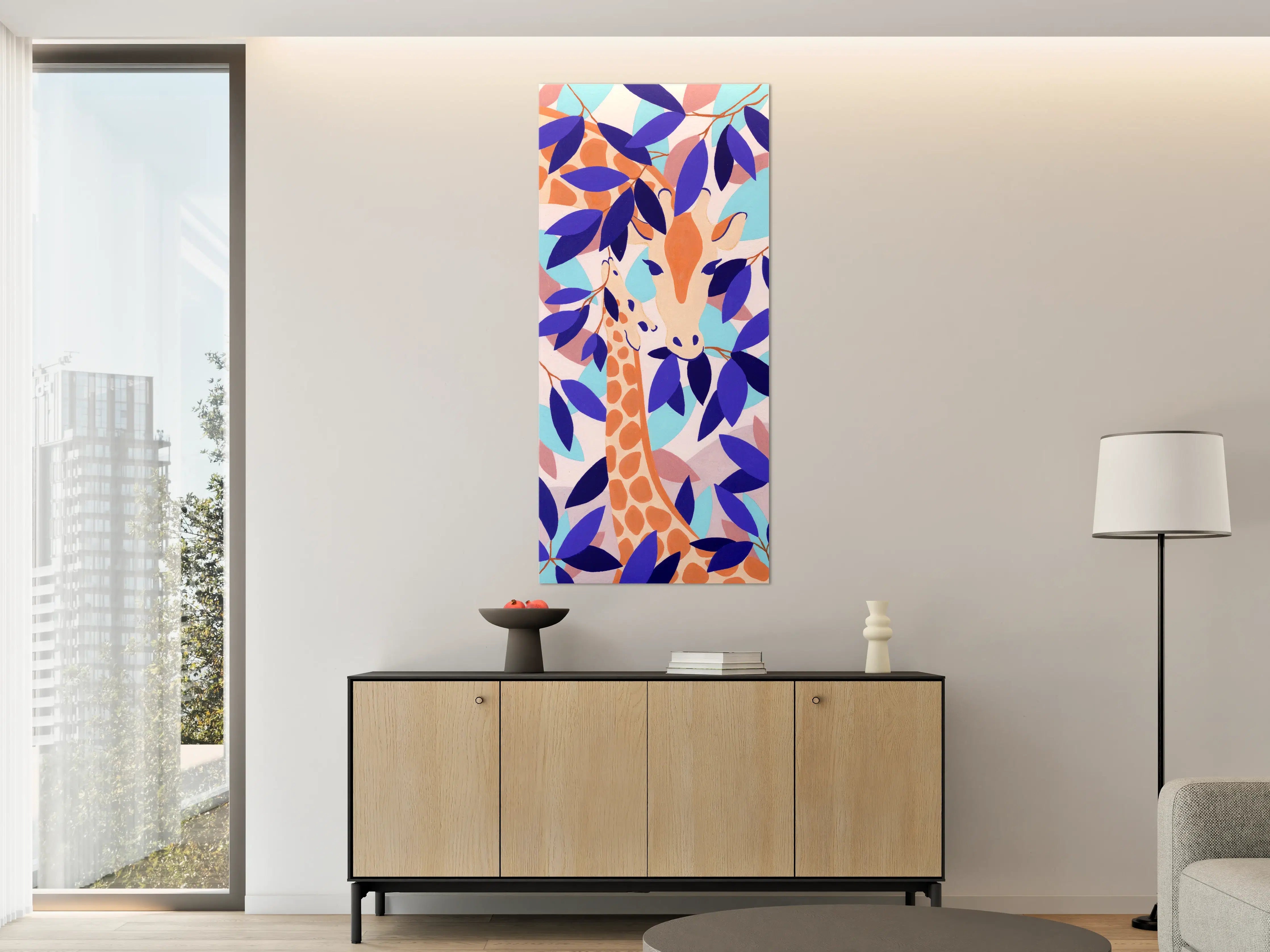 Große Wandbilder - Buntes Affen- und Giraffenkunstwerk