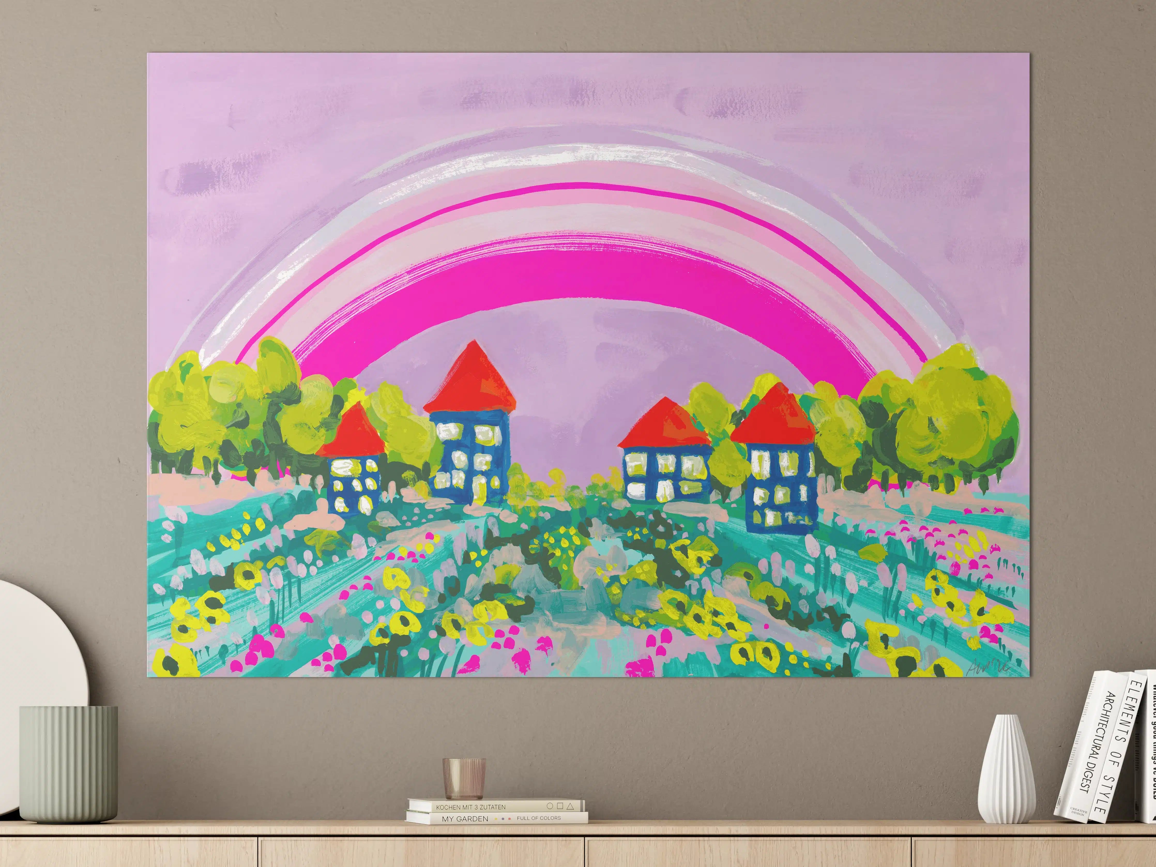 Große Wandbilder - Buntes Dorf mit Regenbogen