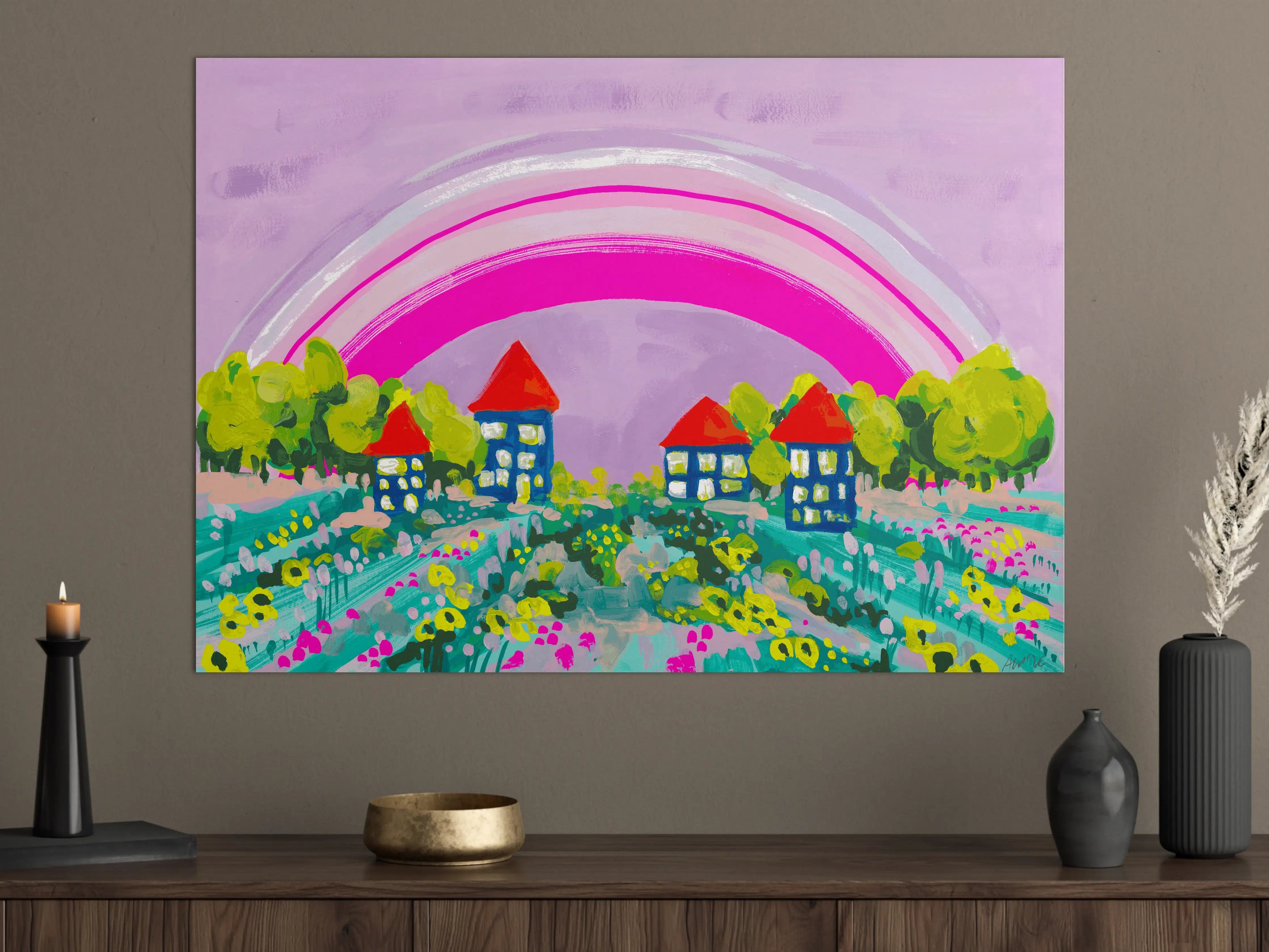 Große Wandbilder - Buntes Dorf mit Regenbogen
