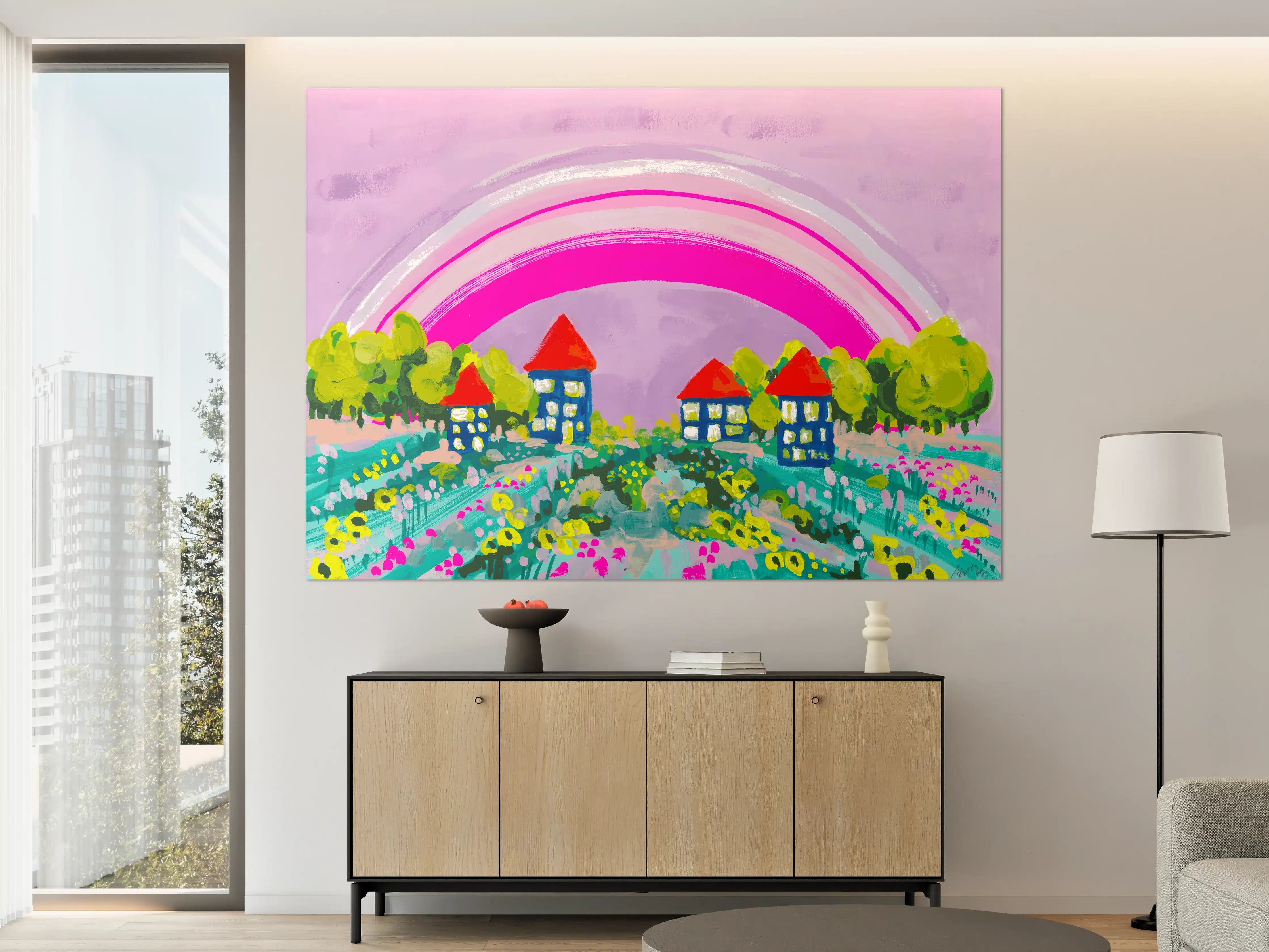 Große Wandbilder - Buntes Dorf mit Regenbogen