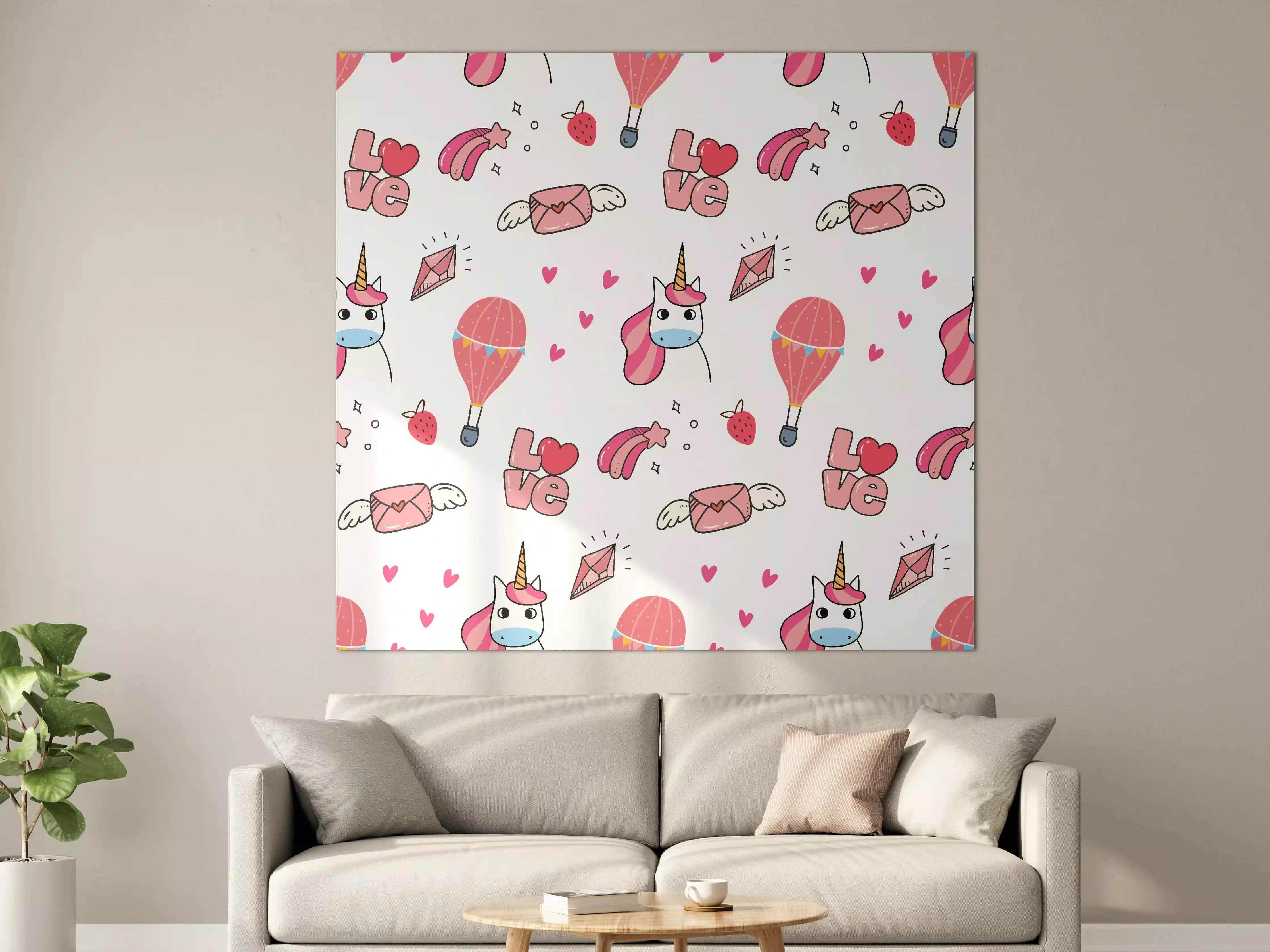 Große Wandbilder - Buntes Einhorn & Liebe Muster