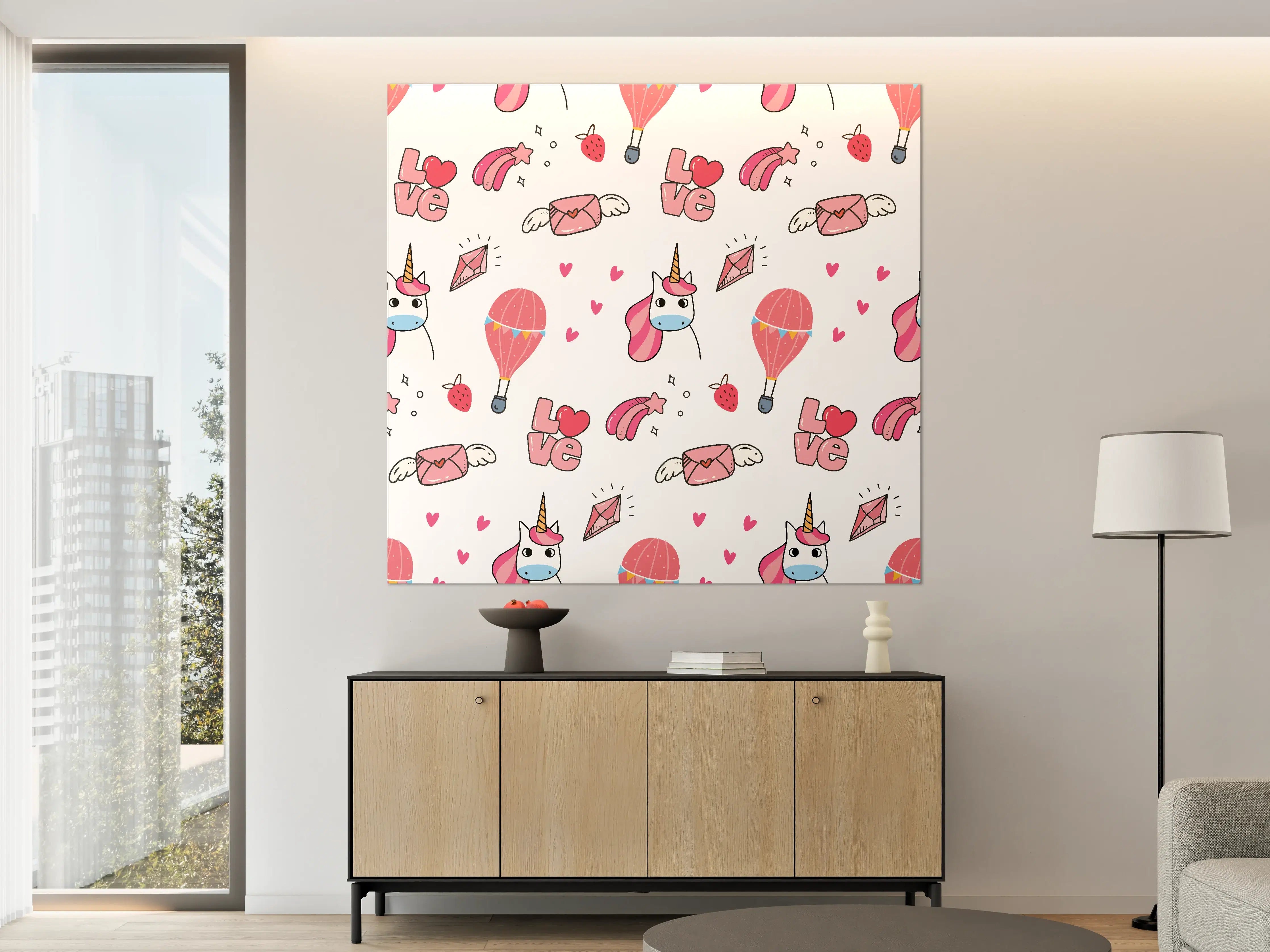 Große Wandbilder - Buntes Einhorn & Liebe Muster