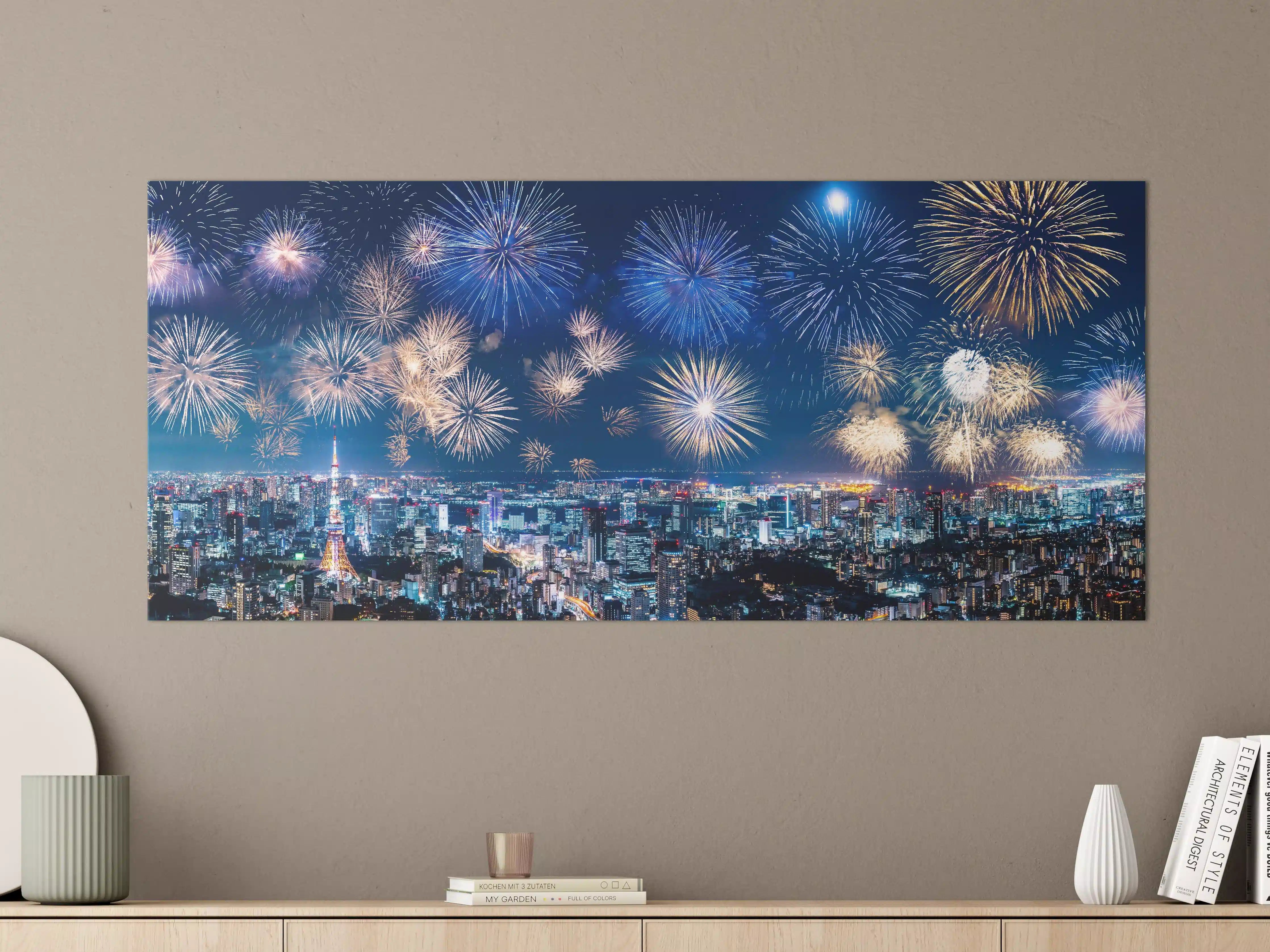 Große Wandbilder - Buntes Feuerwerk Nacht Panorama