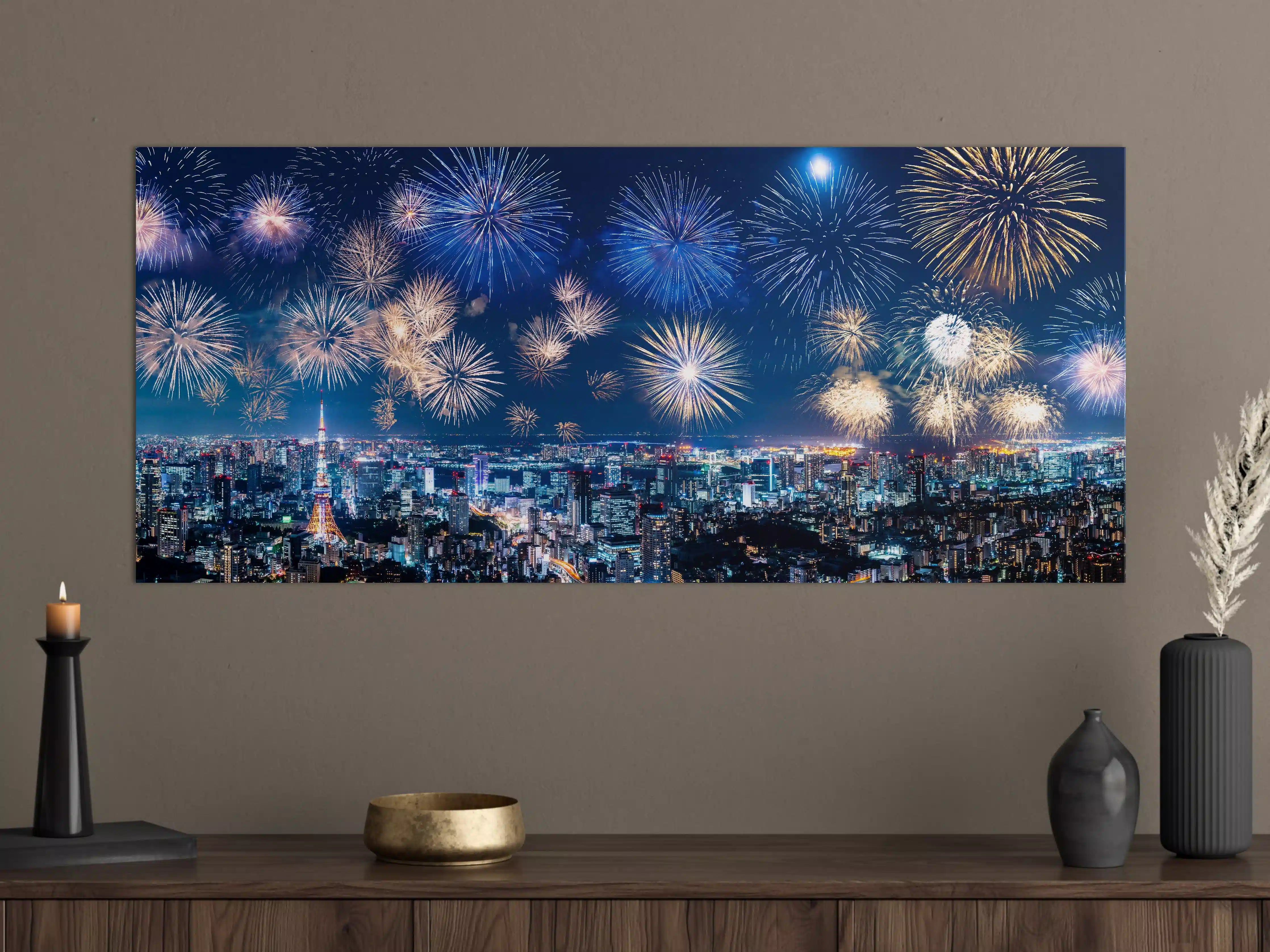 Große Wandbilder - Buntes Feuerwerk Nacht Panorama