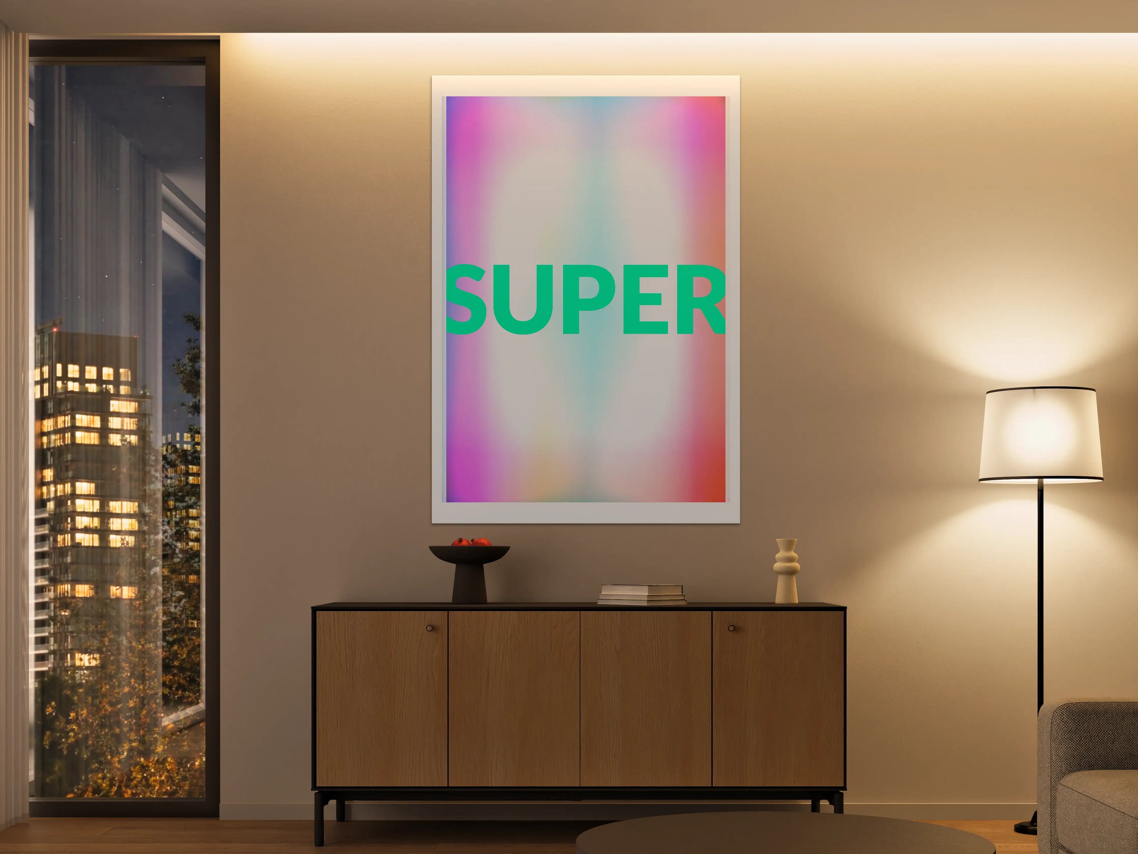 Große Wandbilder - Buntes Leuchten 'SUPER' Grafikdesign