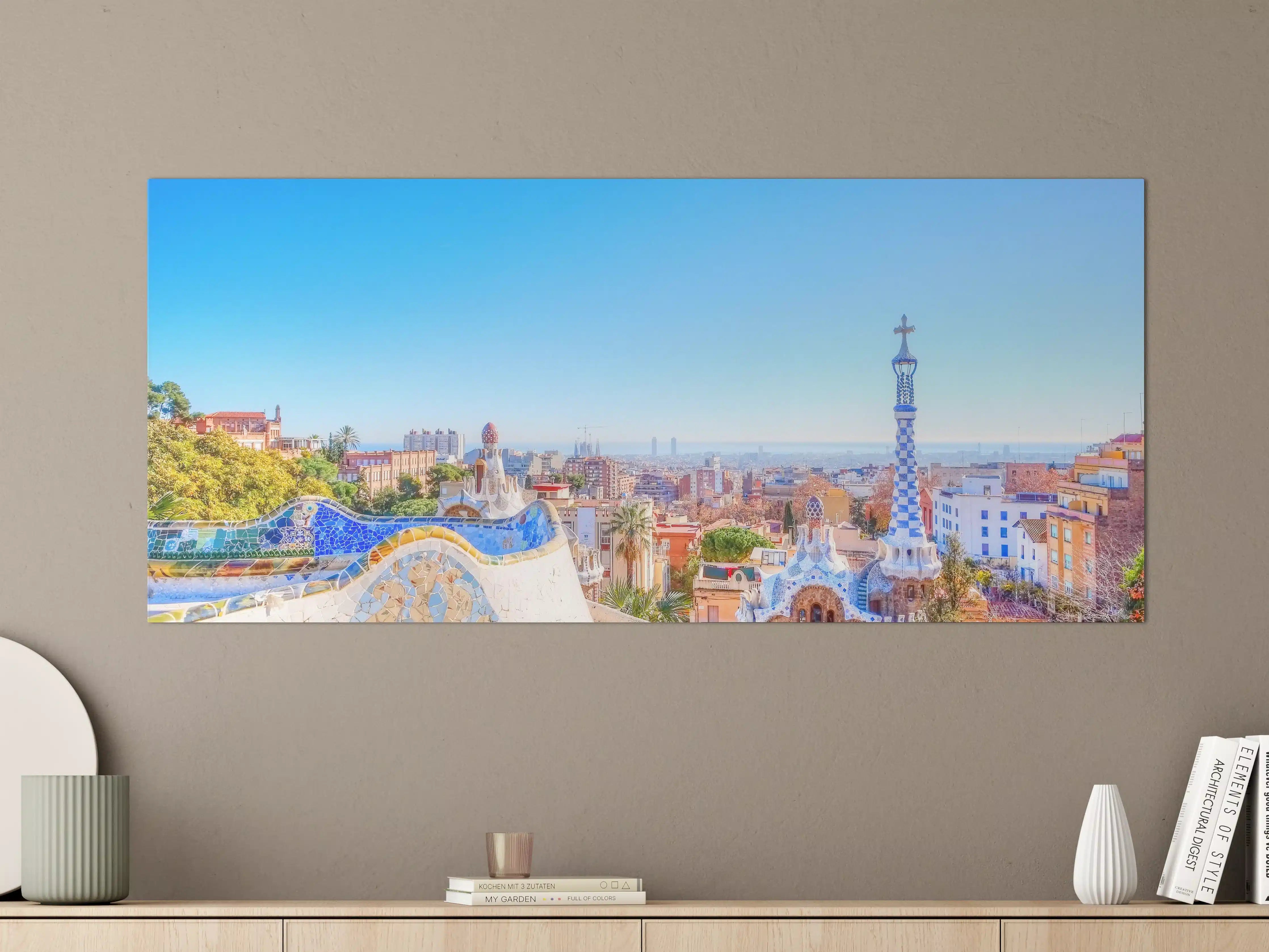 Große Wandbilder - Buntes Stadtpanorama mit künstlerischer Architektur