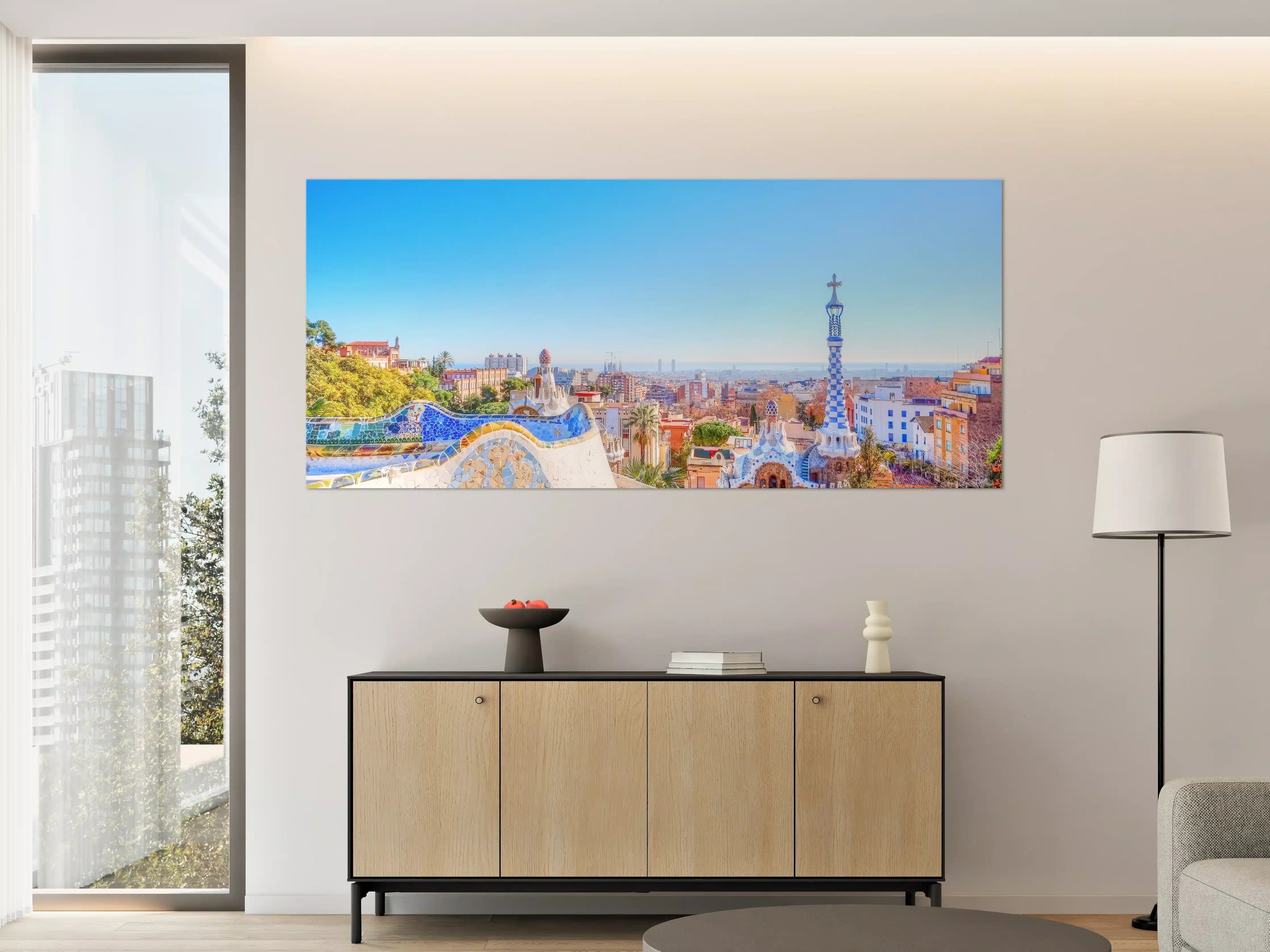 Große Wandbilder - Buntes Stadtpanorama mit künstlerischer Architektur