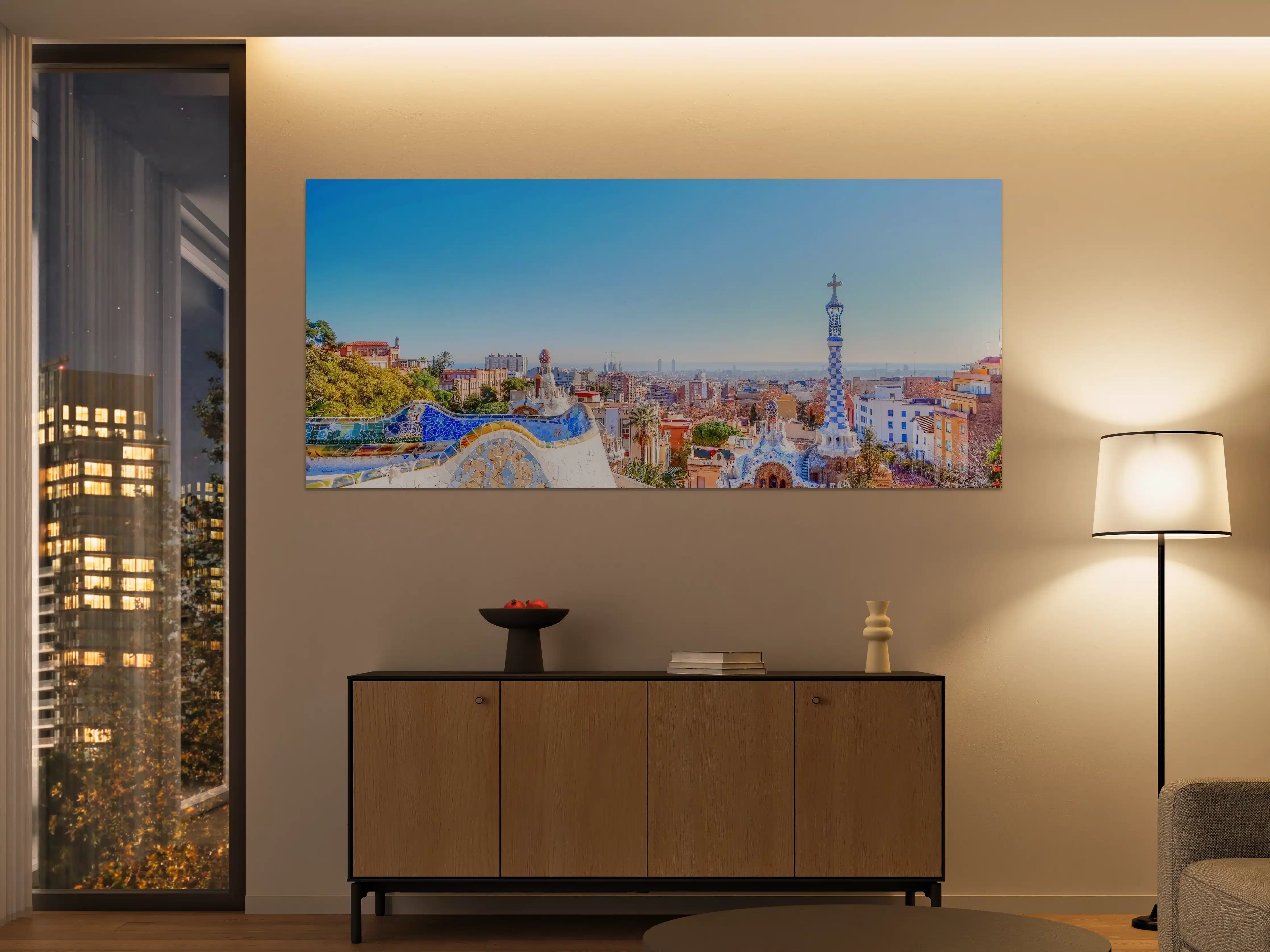 Große Wandbilder - Buntes Stadtpanorama mit künstlerischer Architektur