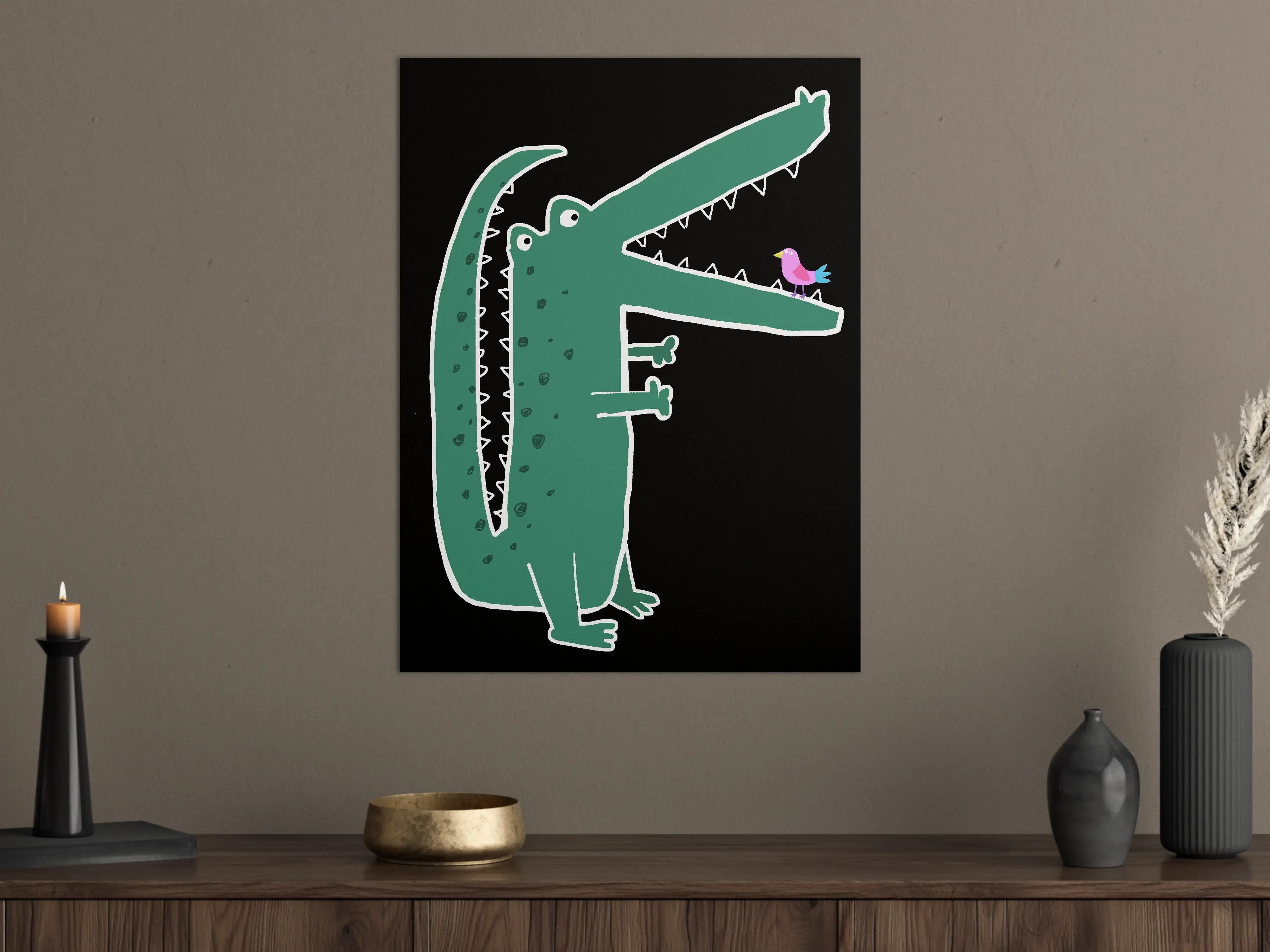 Große Wandbilder - Cartoon-Krokodil mit Vogel