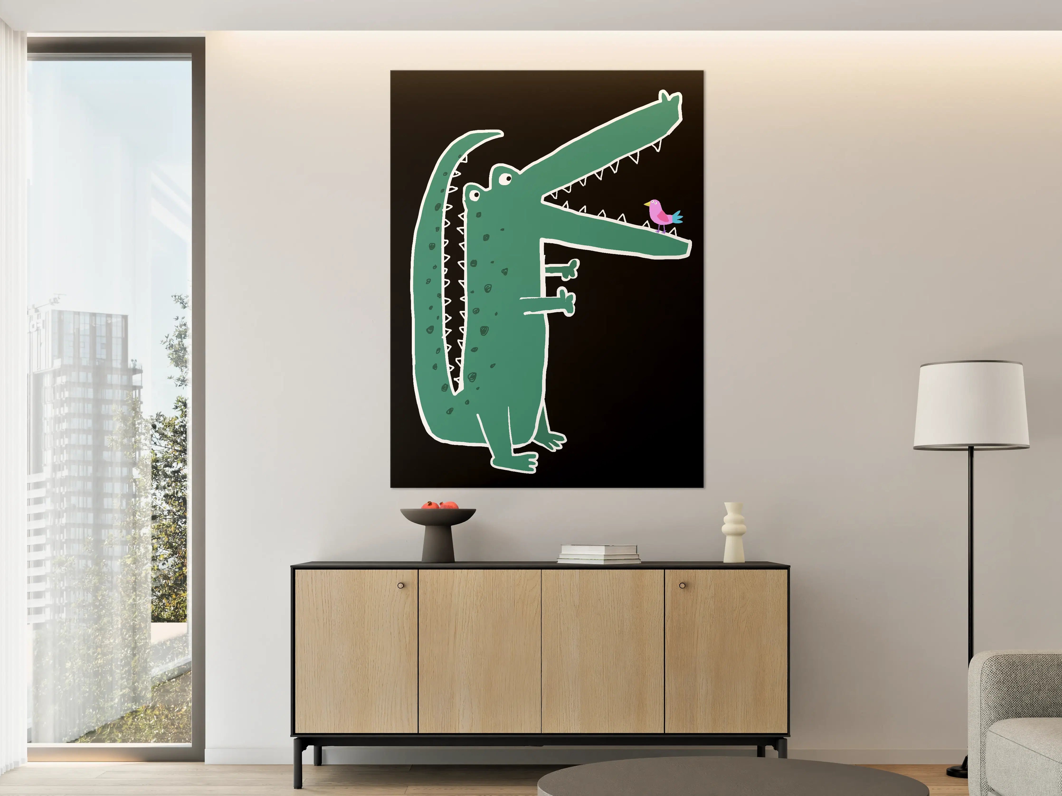 Große Wandbilder - Cartoon-Krokodil mit Vogel