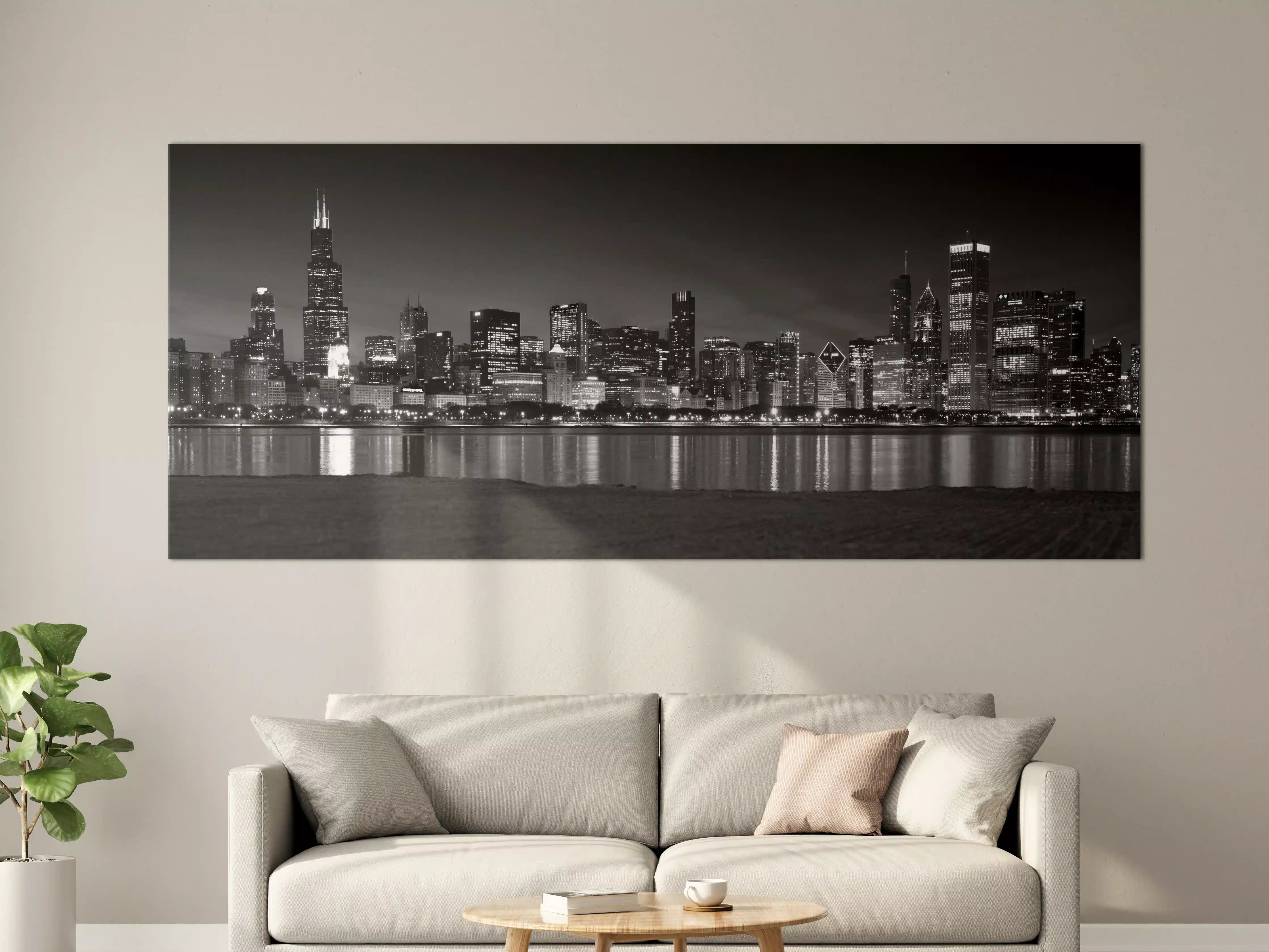 Große Wandbilder - Chicago Skyline bei Nacht in Schwarz-Weiß