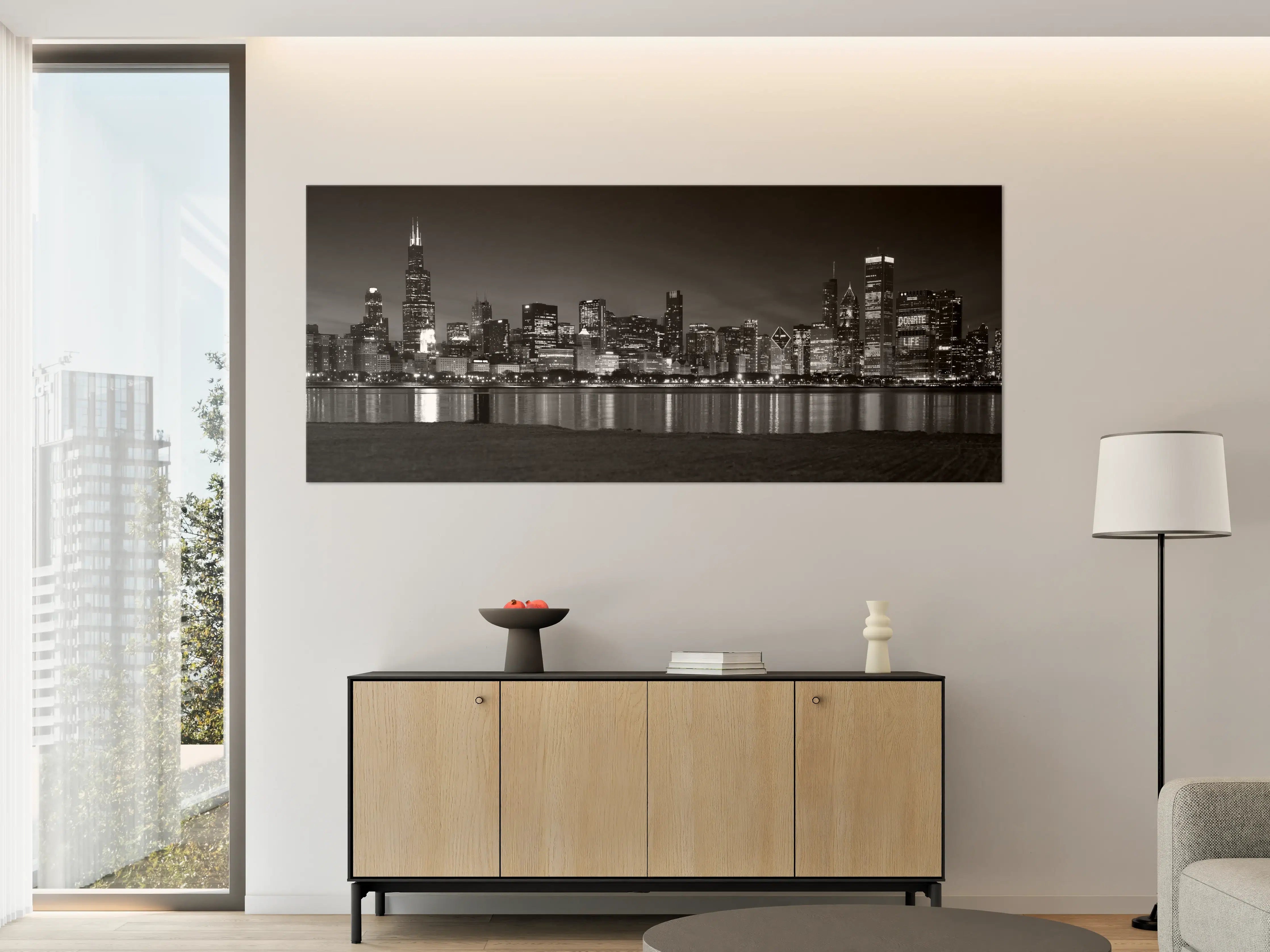 Große Wandbilder - Chicago Skyline bei Nacht in Schwarz-Weiß