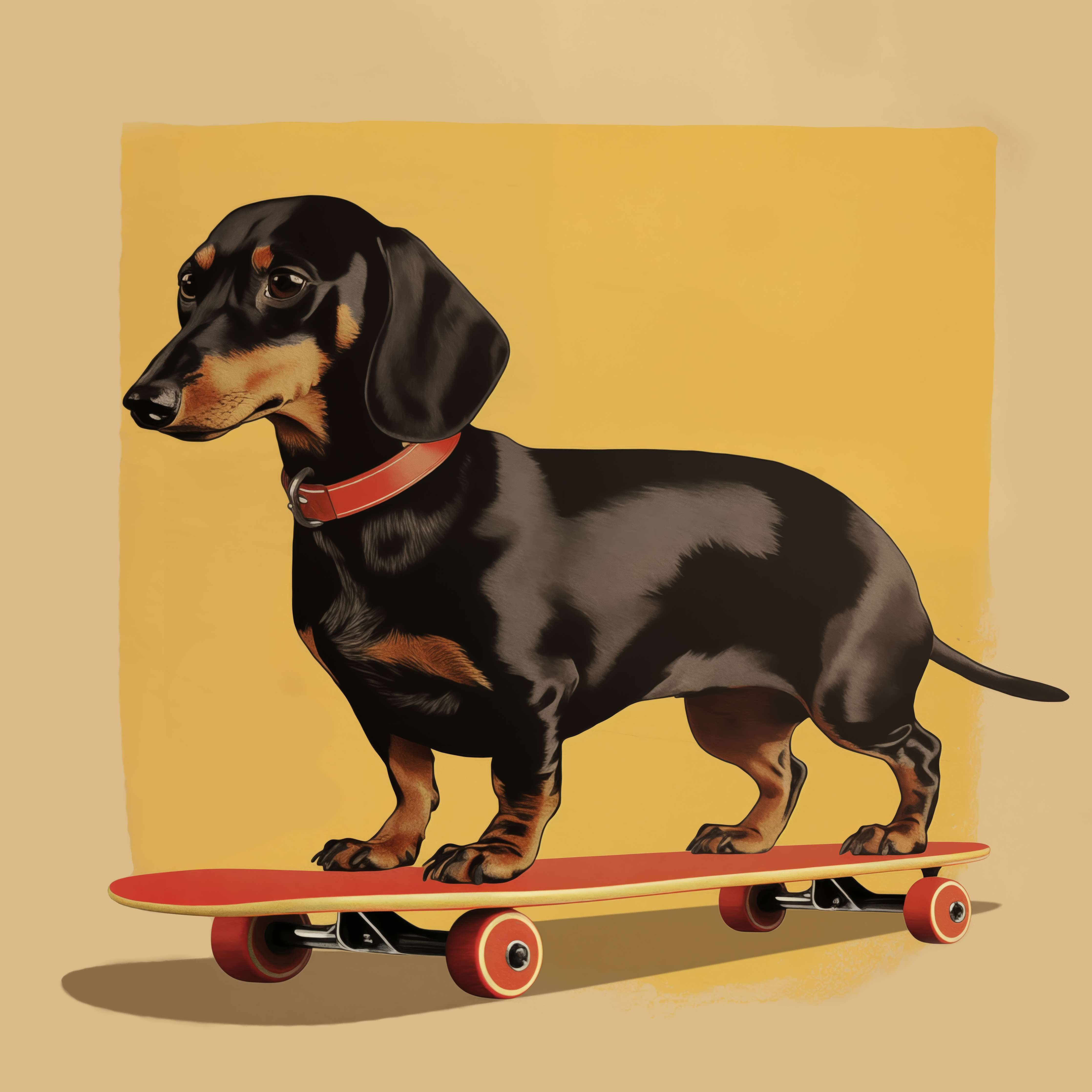 Große Wandbilder-Dackel auf Skateboard vor gelbem Hintergrund