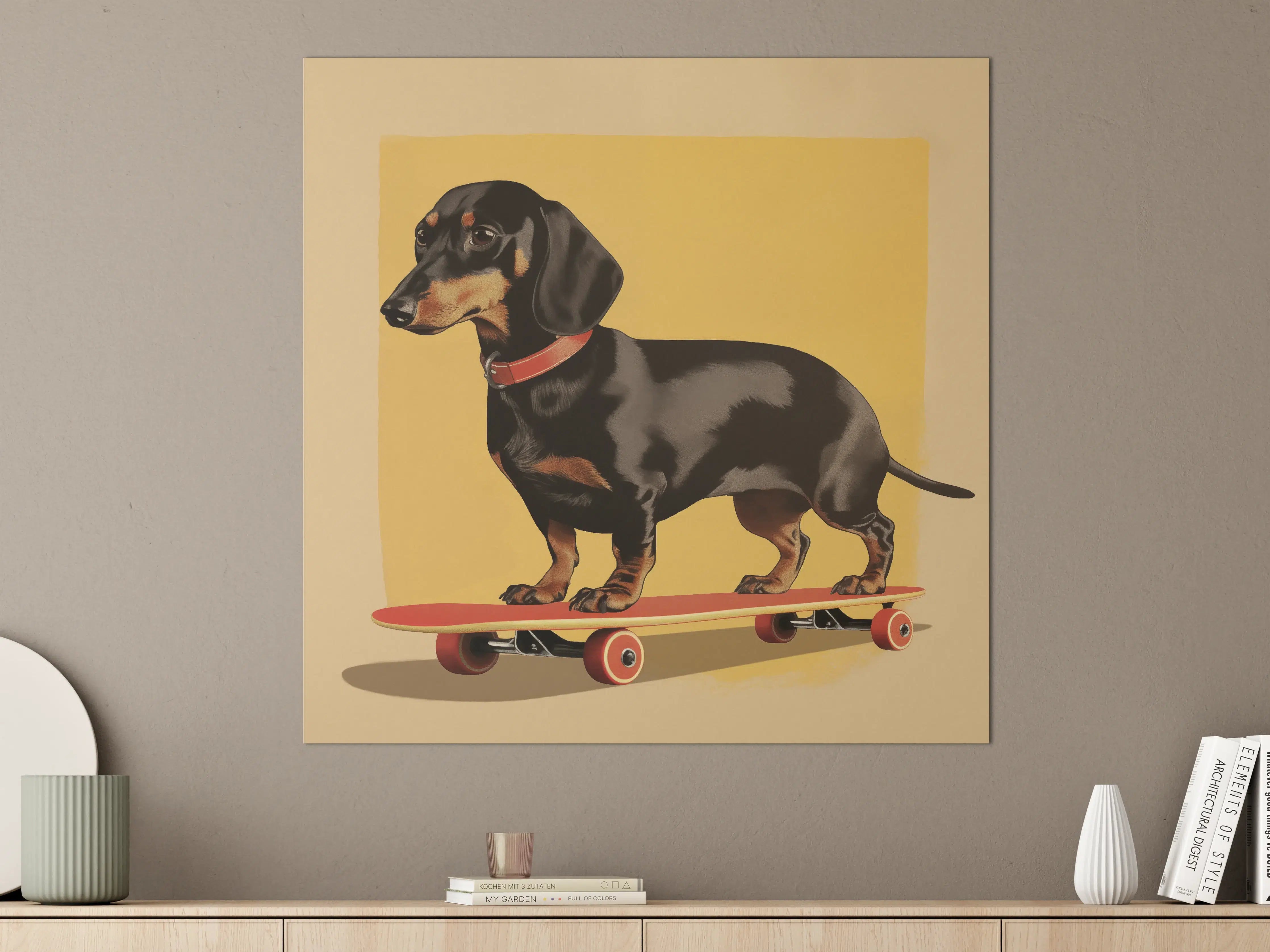 Große Wandbilder - Dackel auf Skateboard vor gelbem Hintergrund