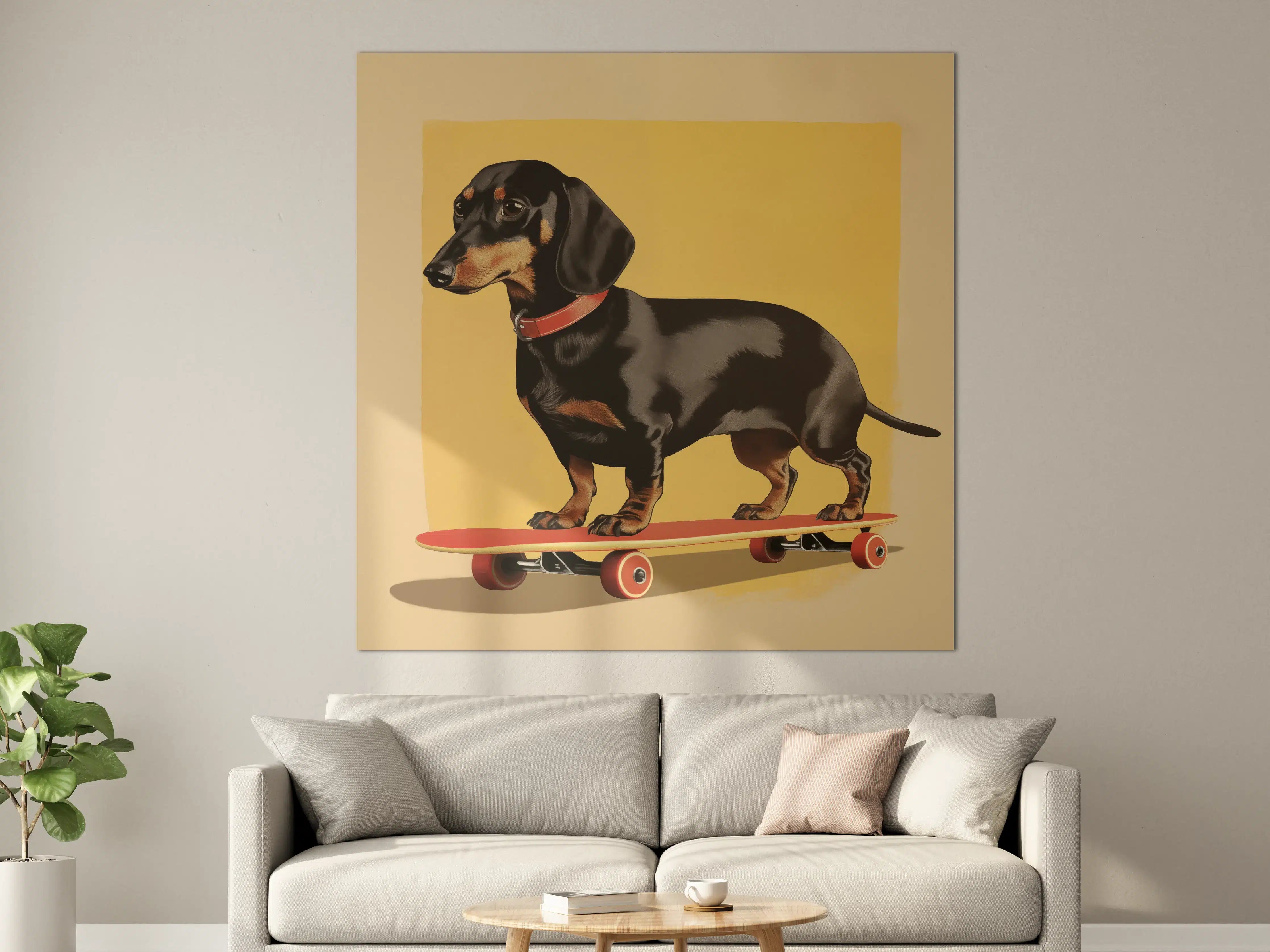 Große Wandbilder - Dackel auf Skateboard vor gelbem Hintergrund