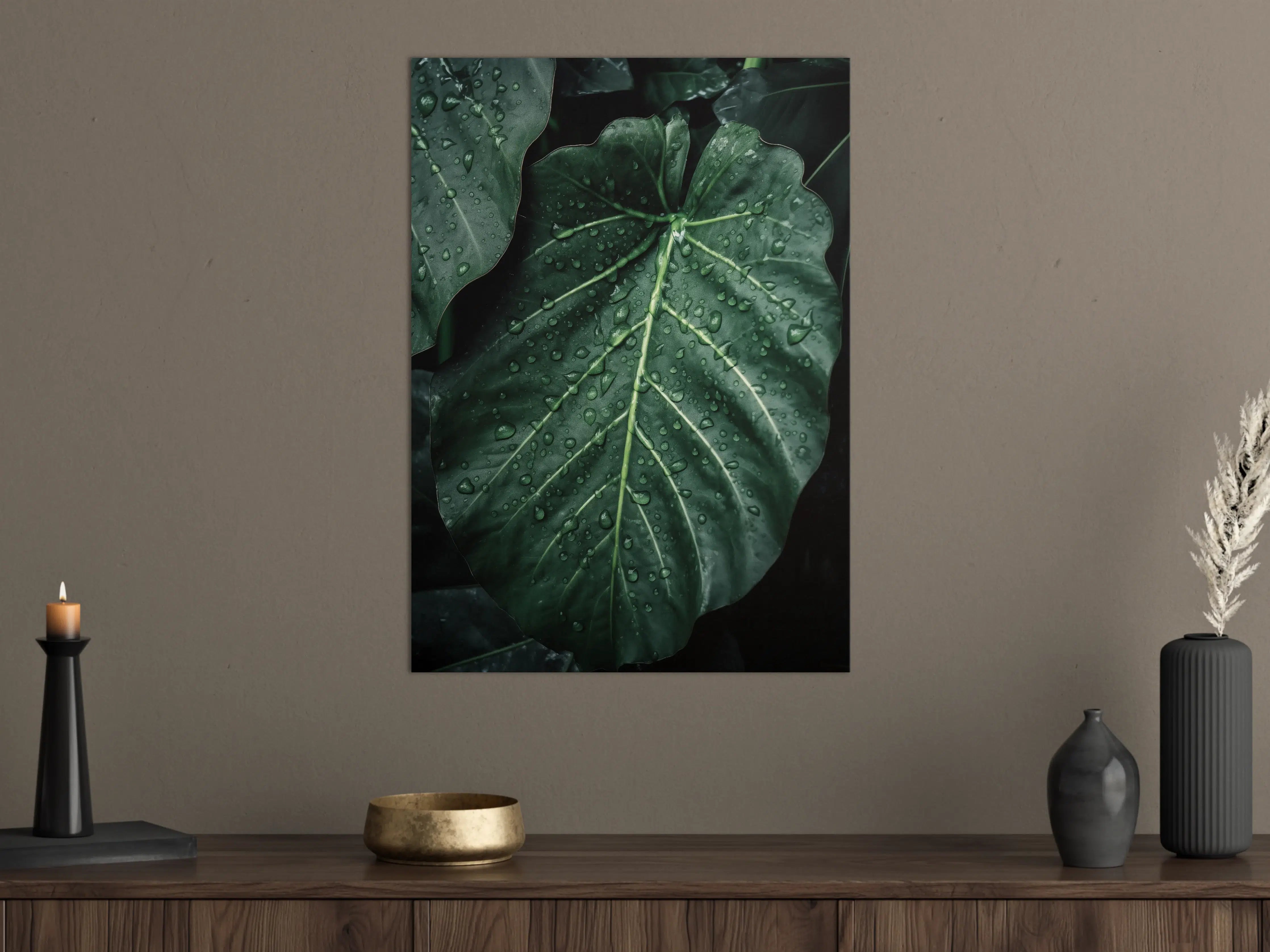 Große Wandbilder - Detaillierte Nahaufnahme eines grünen Blattes mit Wassertröpfchen