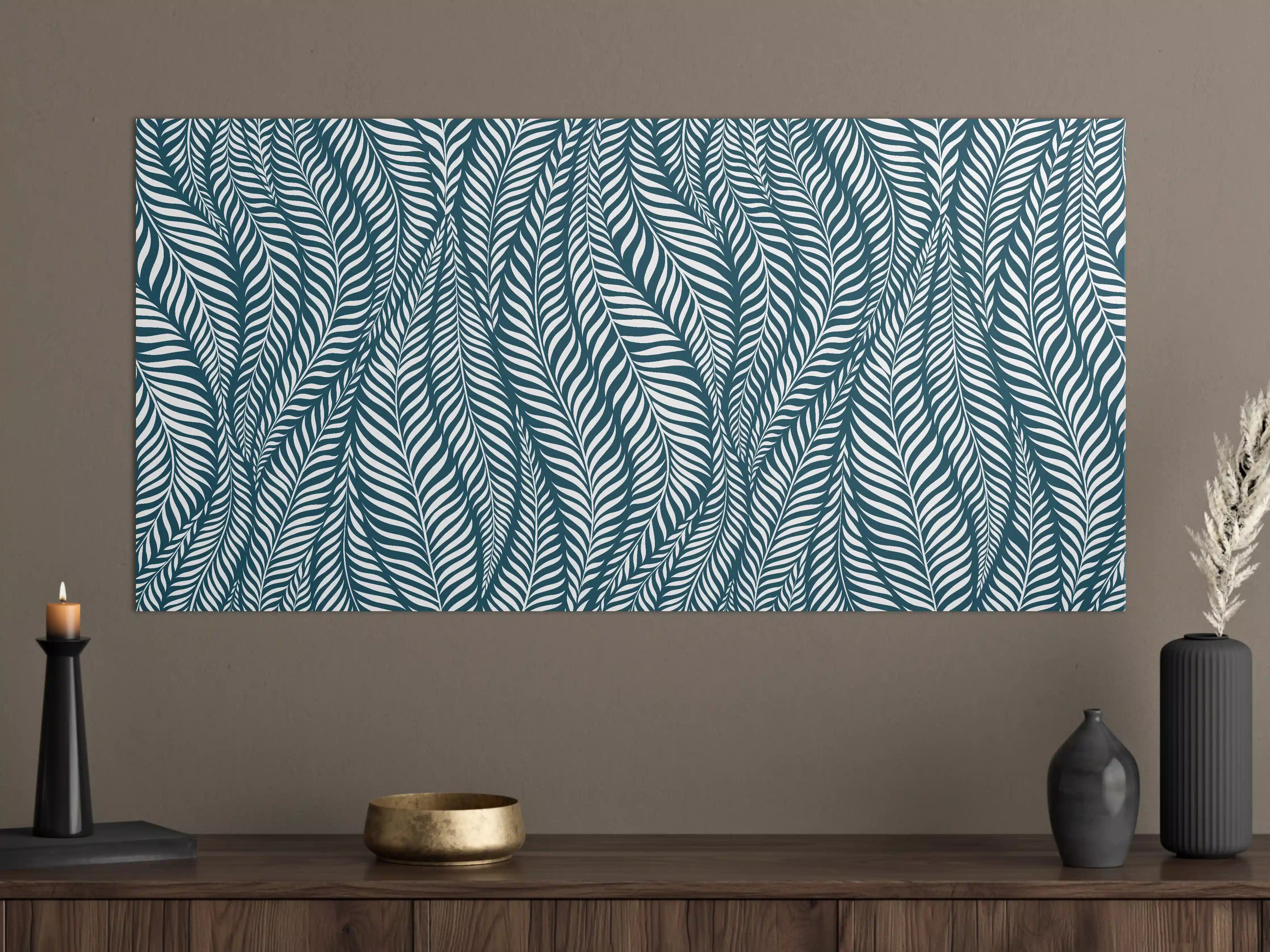 Große Wandbilder - Detailliertes Wandbild mit Blättermuster in Blau