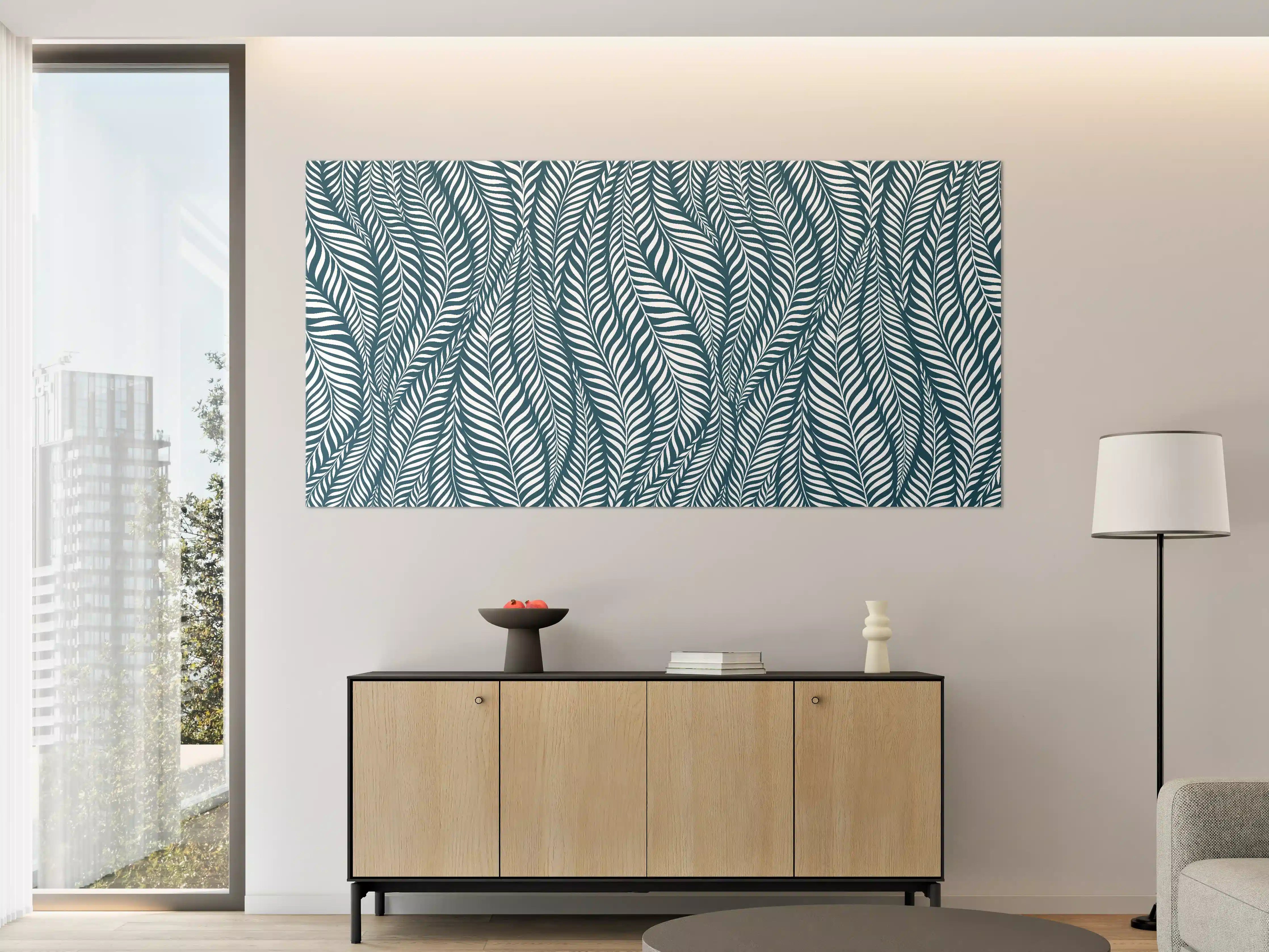Große Wandbilder - Detailliertes Wandbild mit Blättermuster in Blau