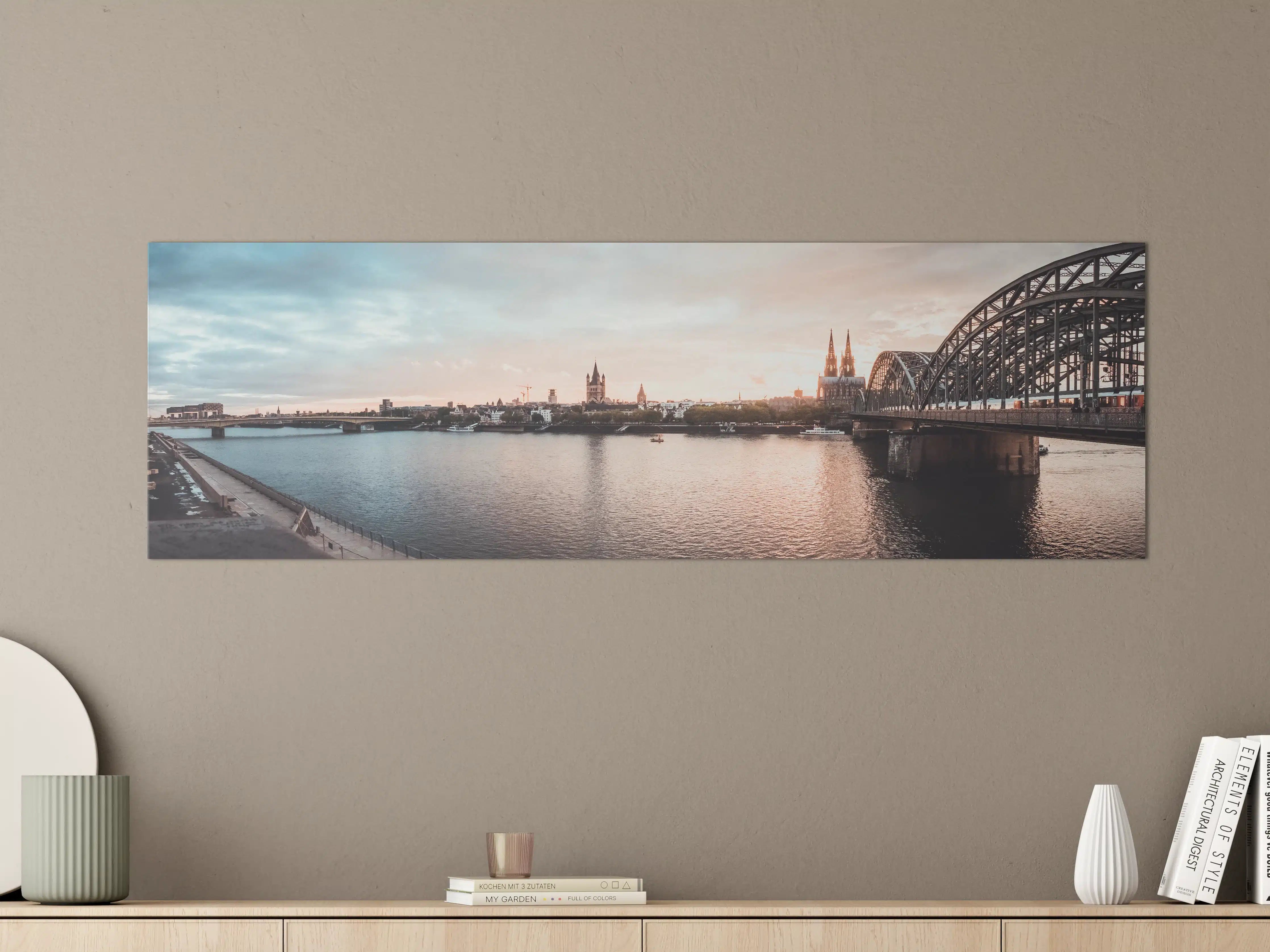 Große Wandbilder - Deutsche Stadt bei Sonnenuntergang mit Brücke und Fluss