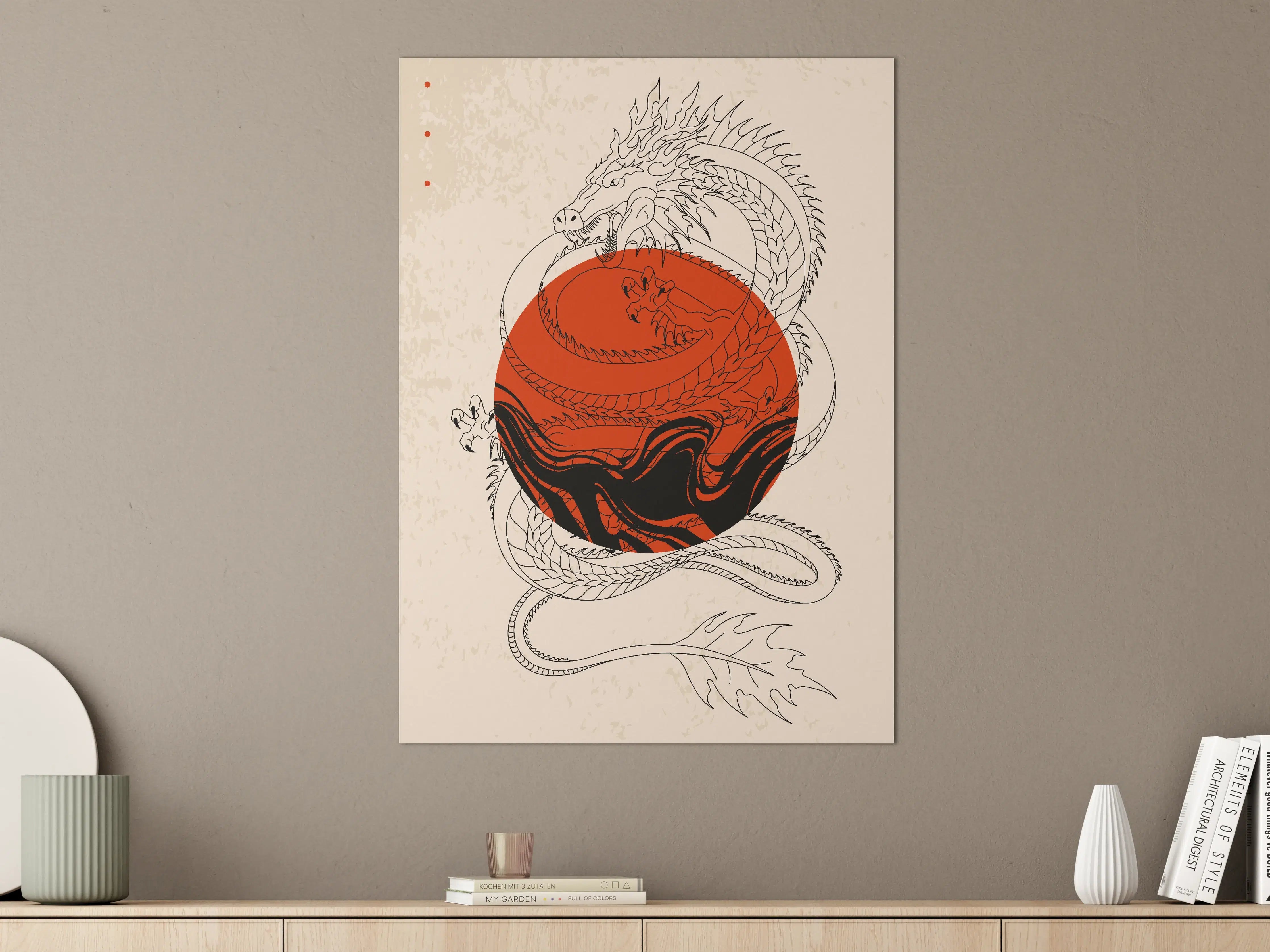 Große Wandbilder - Drachen und Sonne in asiatischem Stil