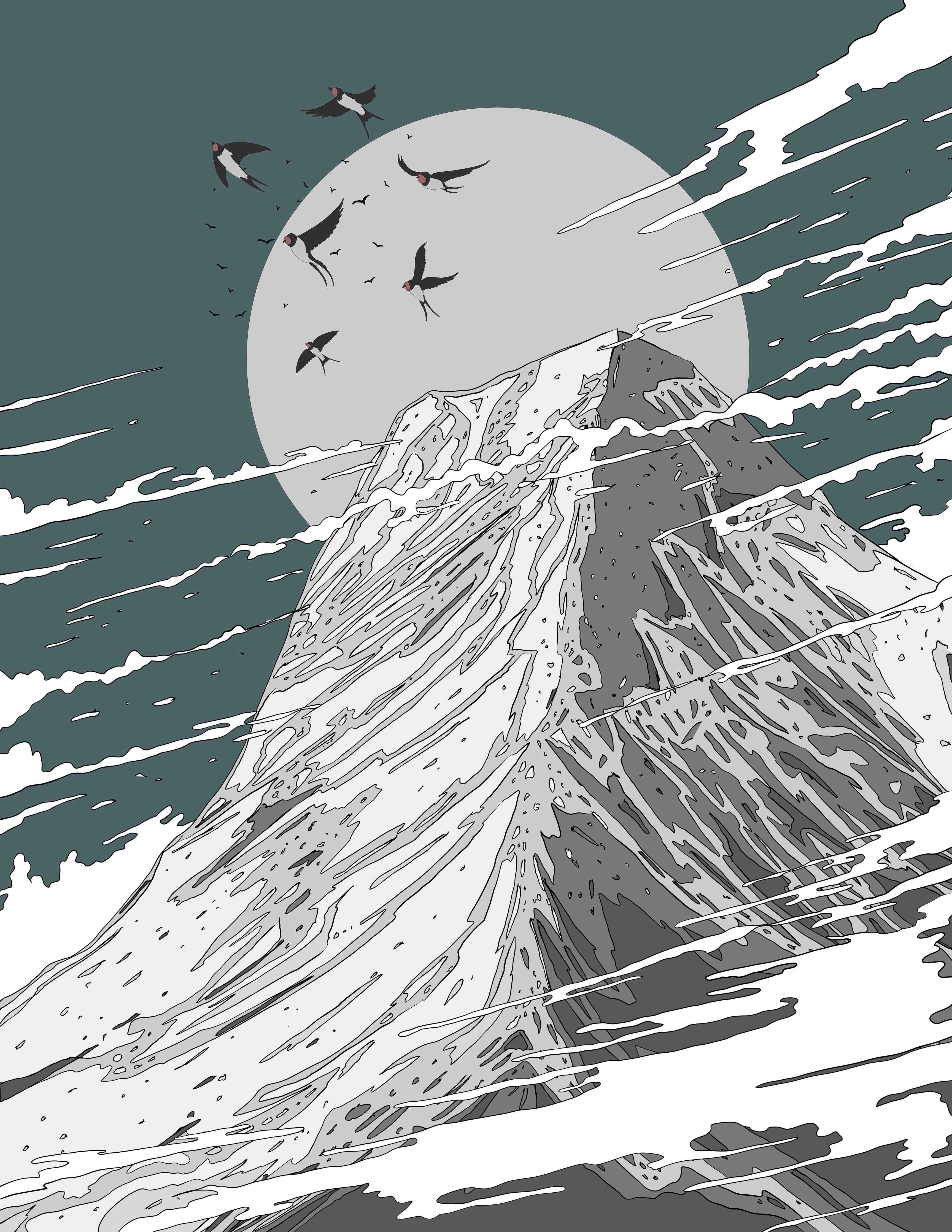 Große Wandbilder-Dramatische Berglandschaft mit fliegenden Vögeln