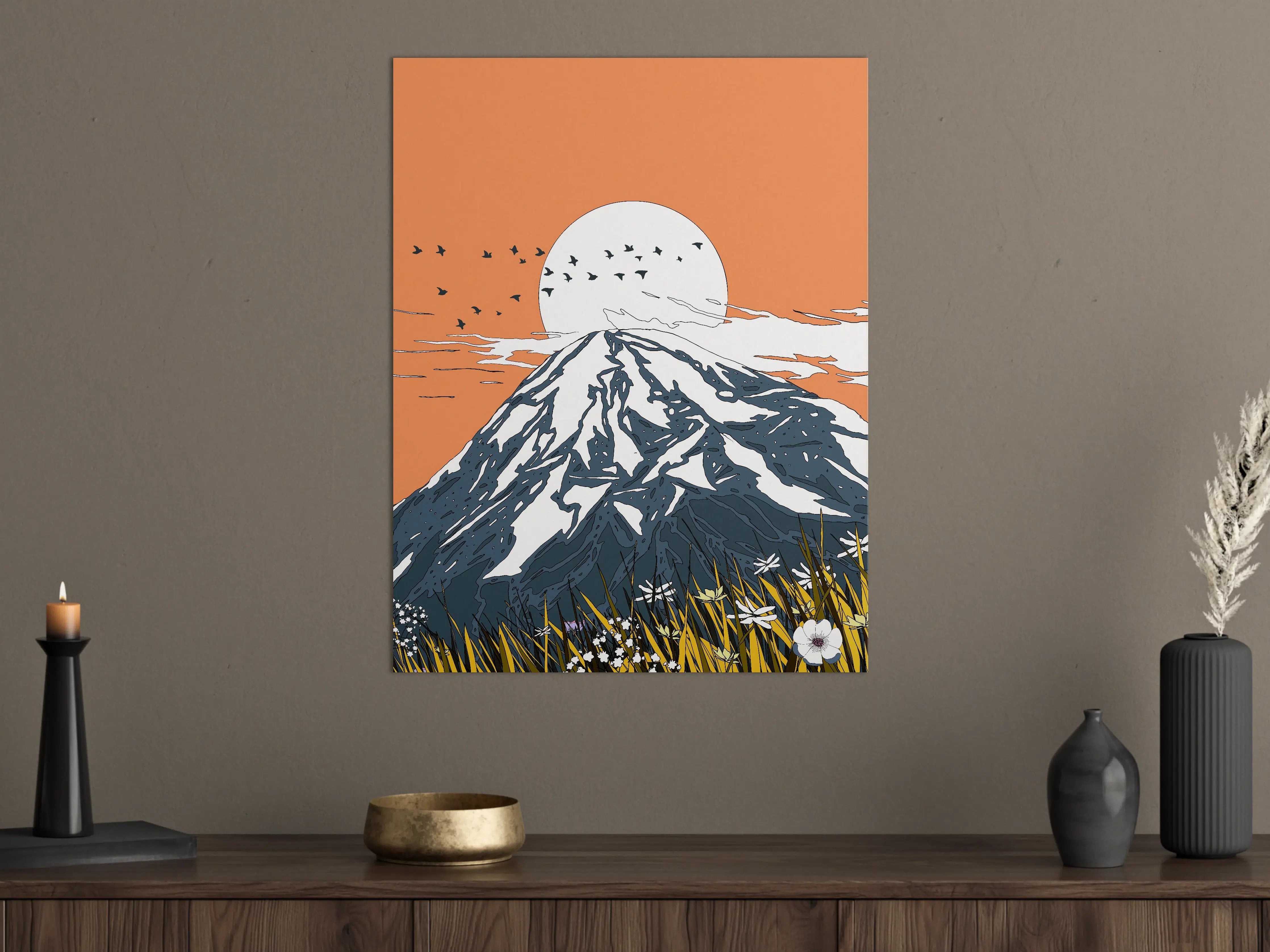 Große Wandbilder - Dramatischer Berg mit Sonnenuntergang und Vögeln