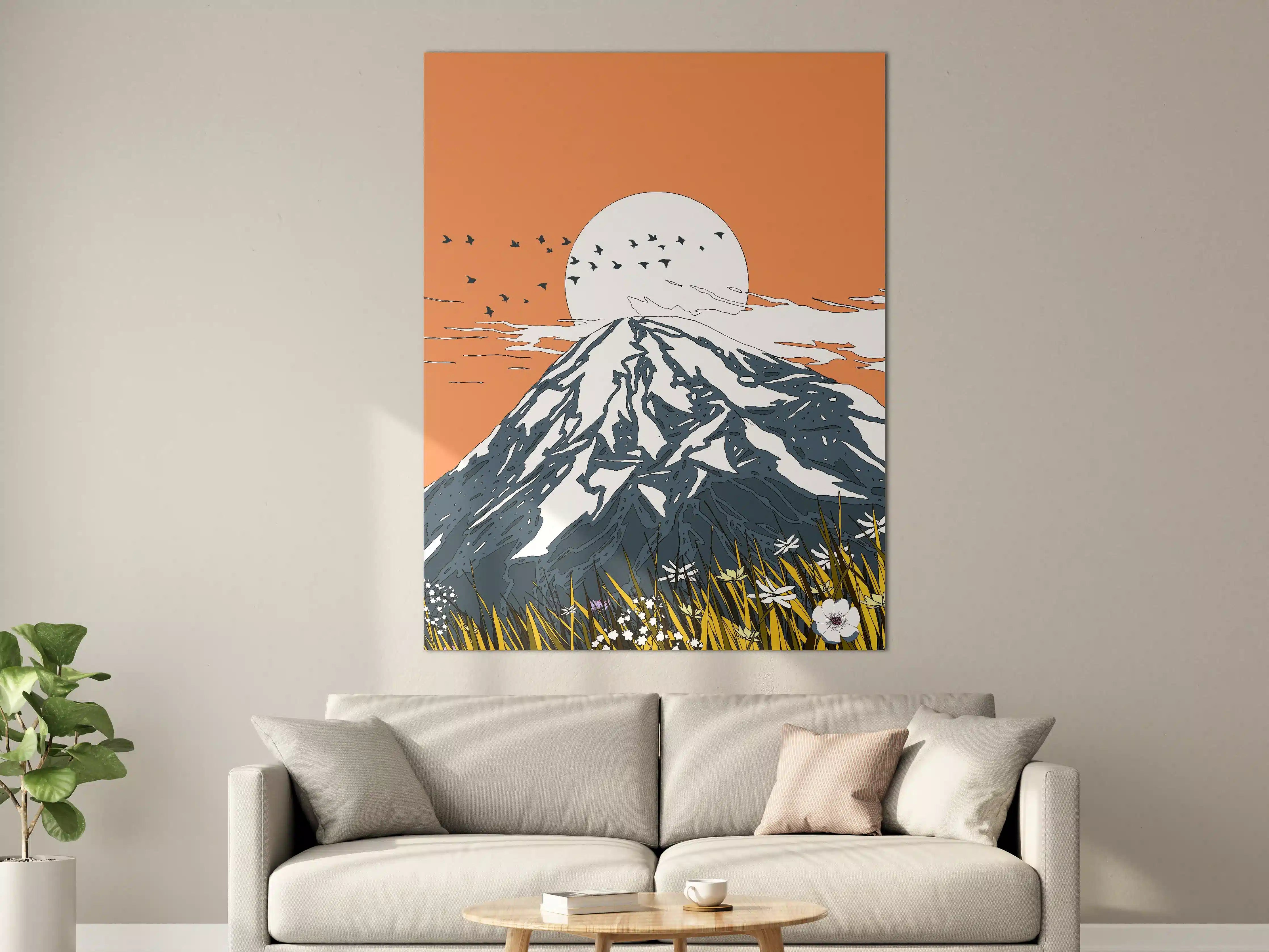 Große Wandbilder - Dramatischer Berg mit Sonnenuntergang und Vögeln