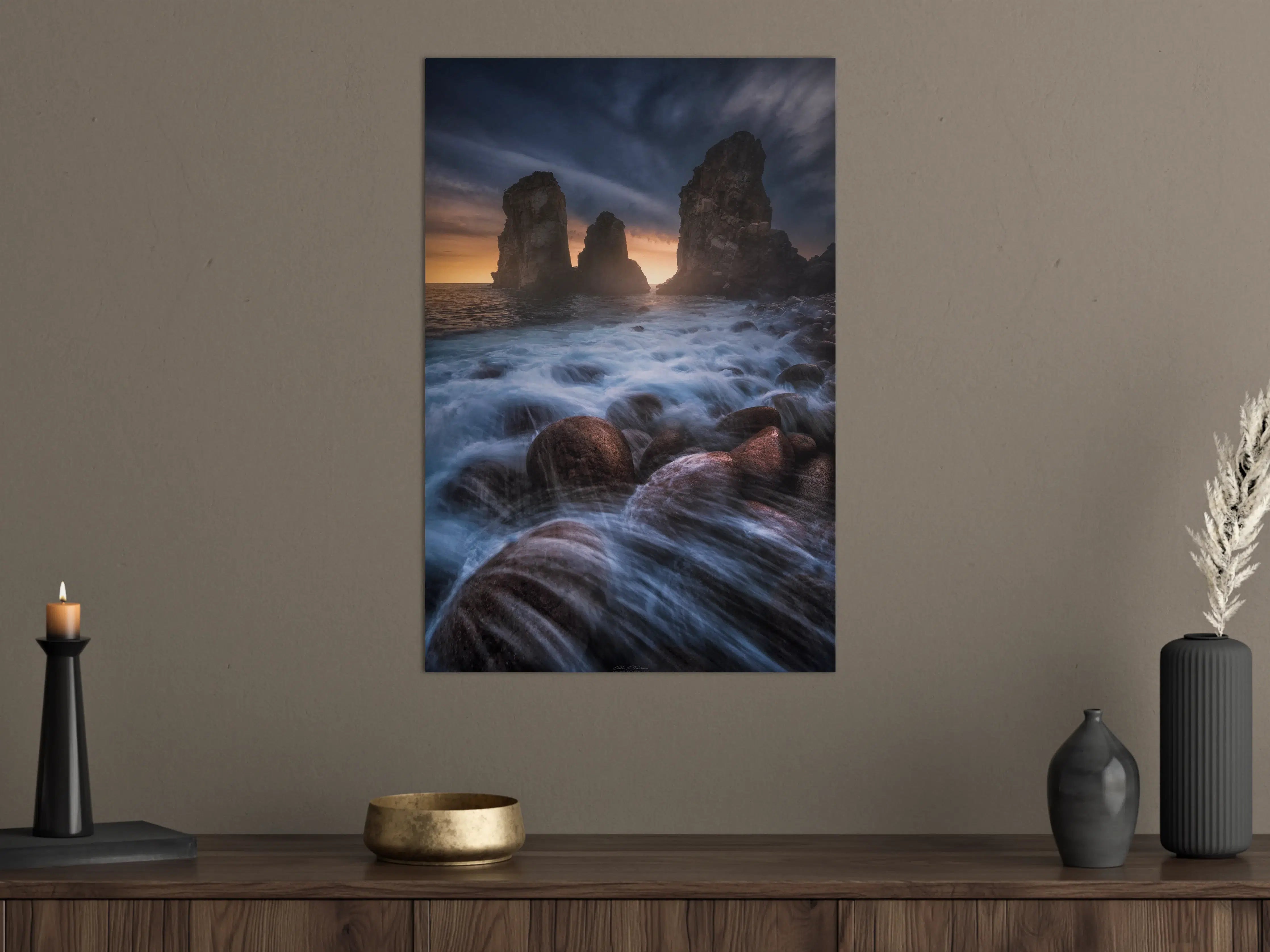 Große Wandbilder - Dramatisches Küstenfoto mit Felsen bei Sonnenuntergang