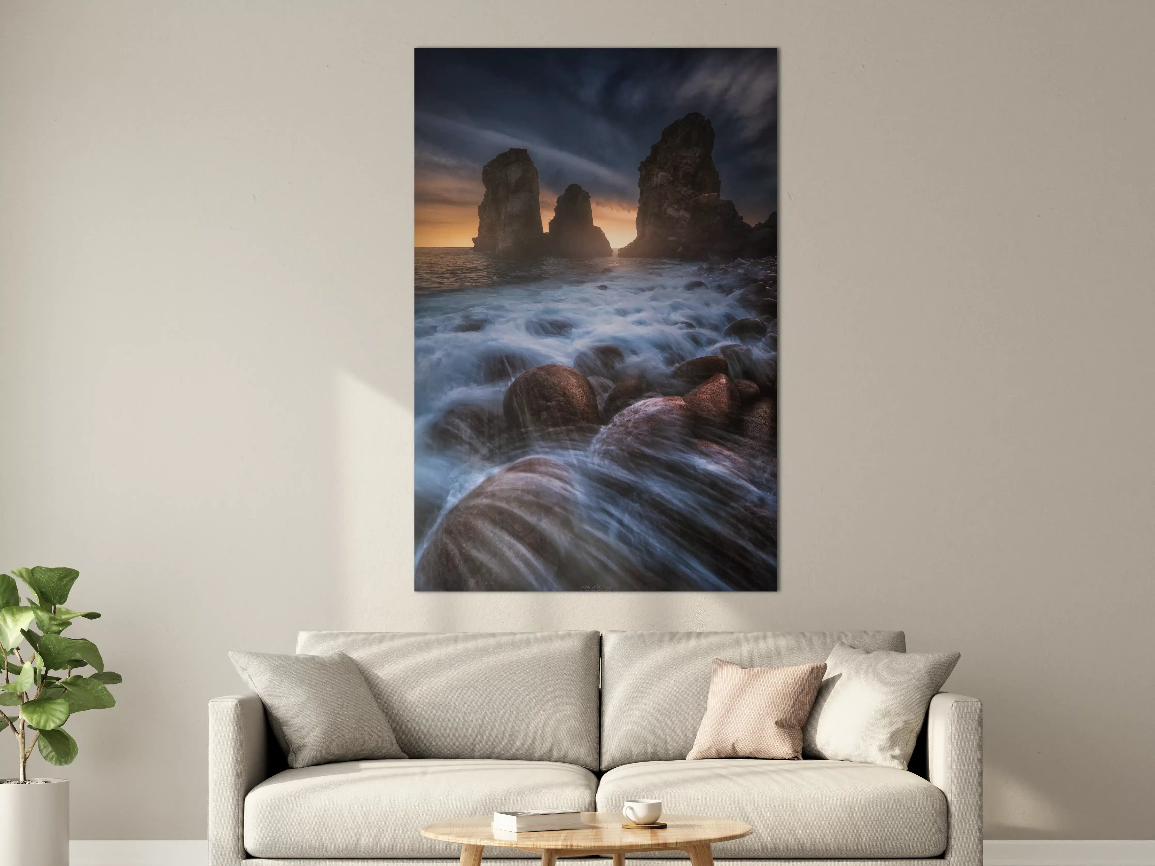 Große Wandbilder - Dramatisches Küstenfoto mit Felsen bei Sonnenuntergang