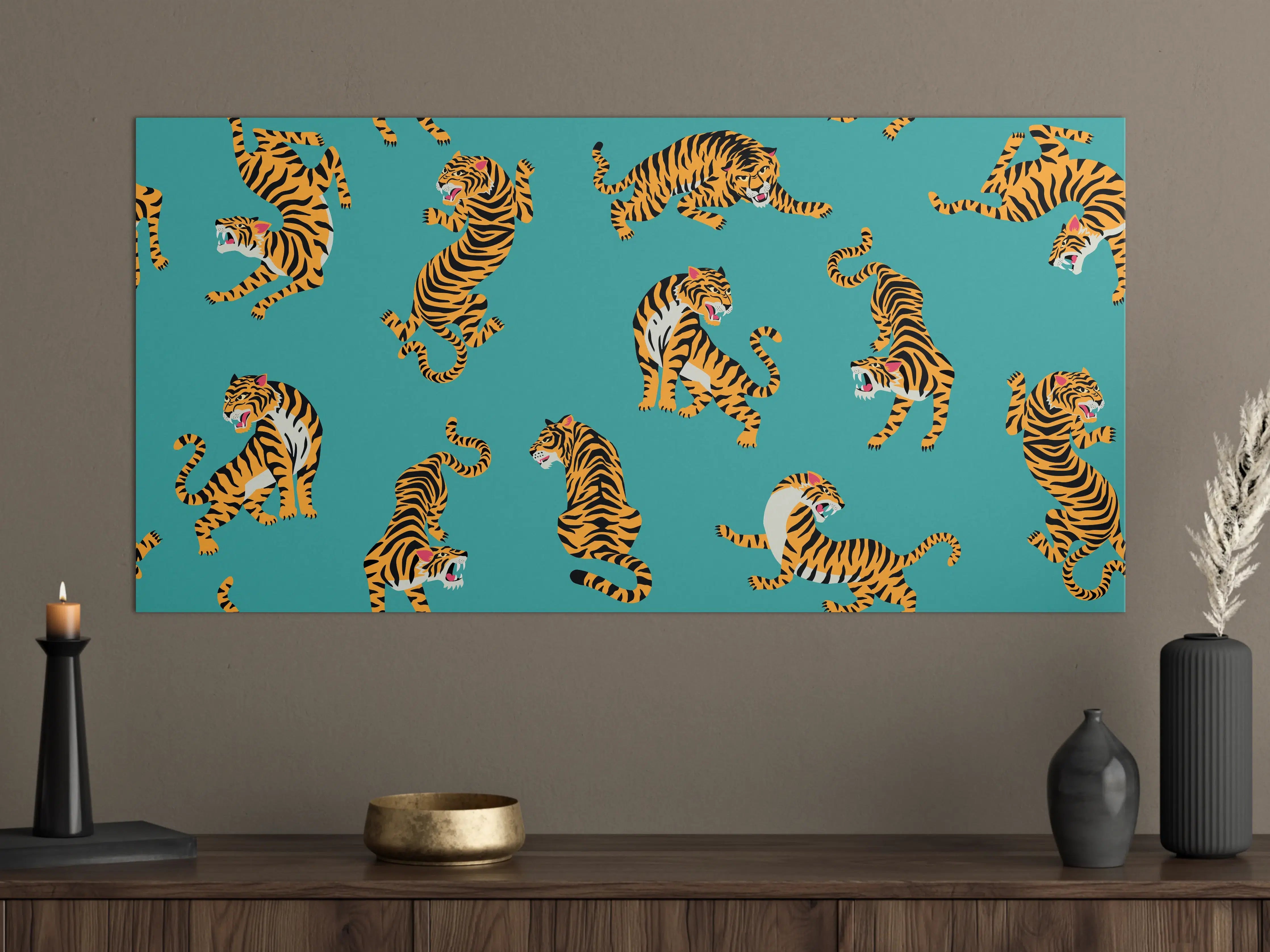 Große Wandbilder - Dschungel-Tiger auf Blauem Hintergrund