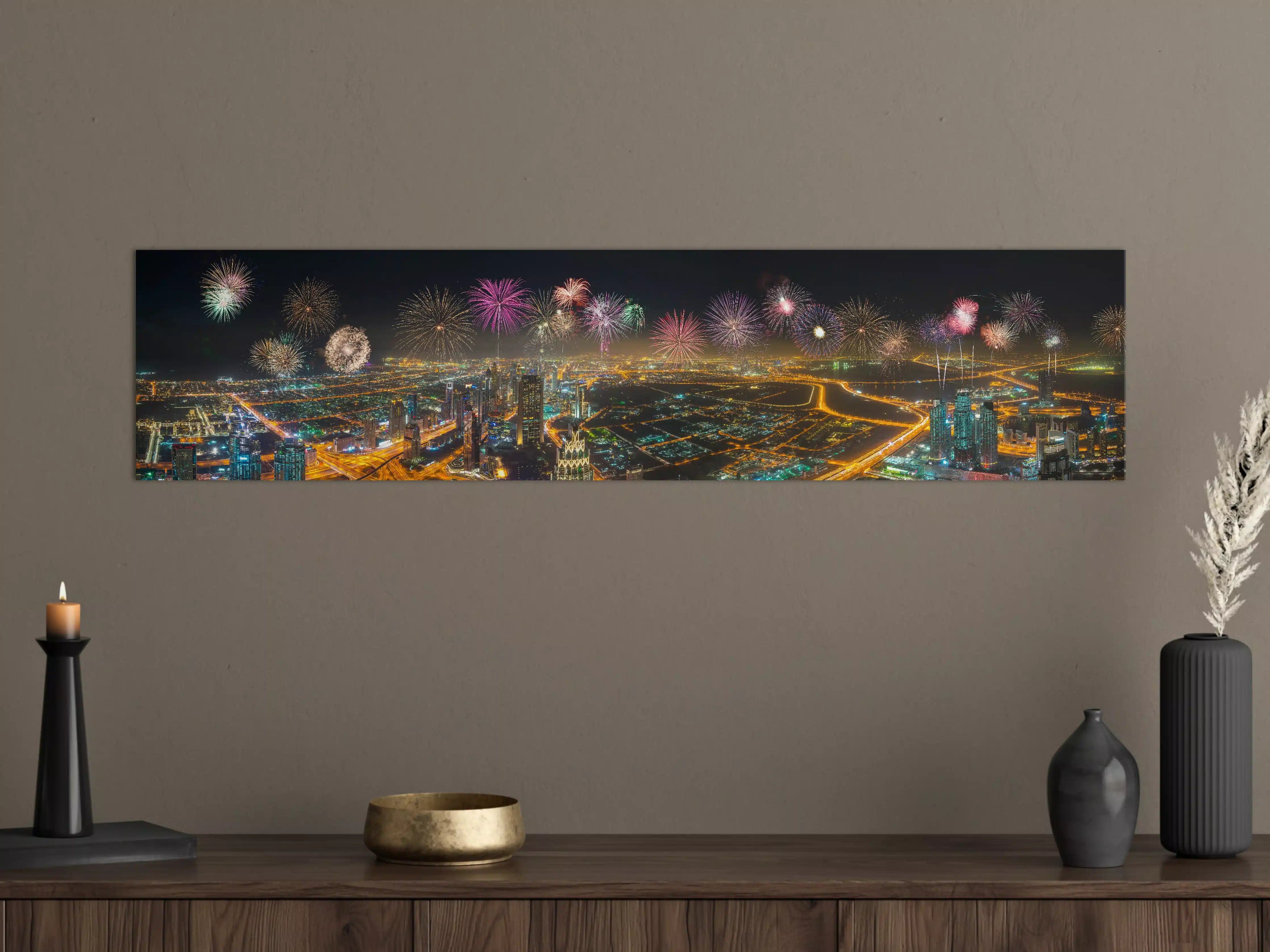 Große Wandbilder - Dubai Nachtfeuerwerk Panorama