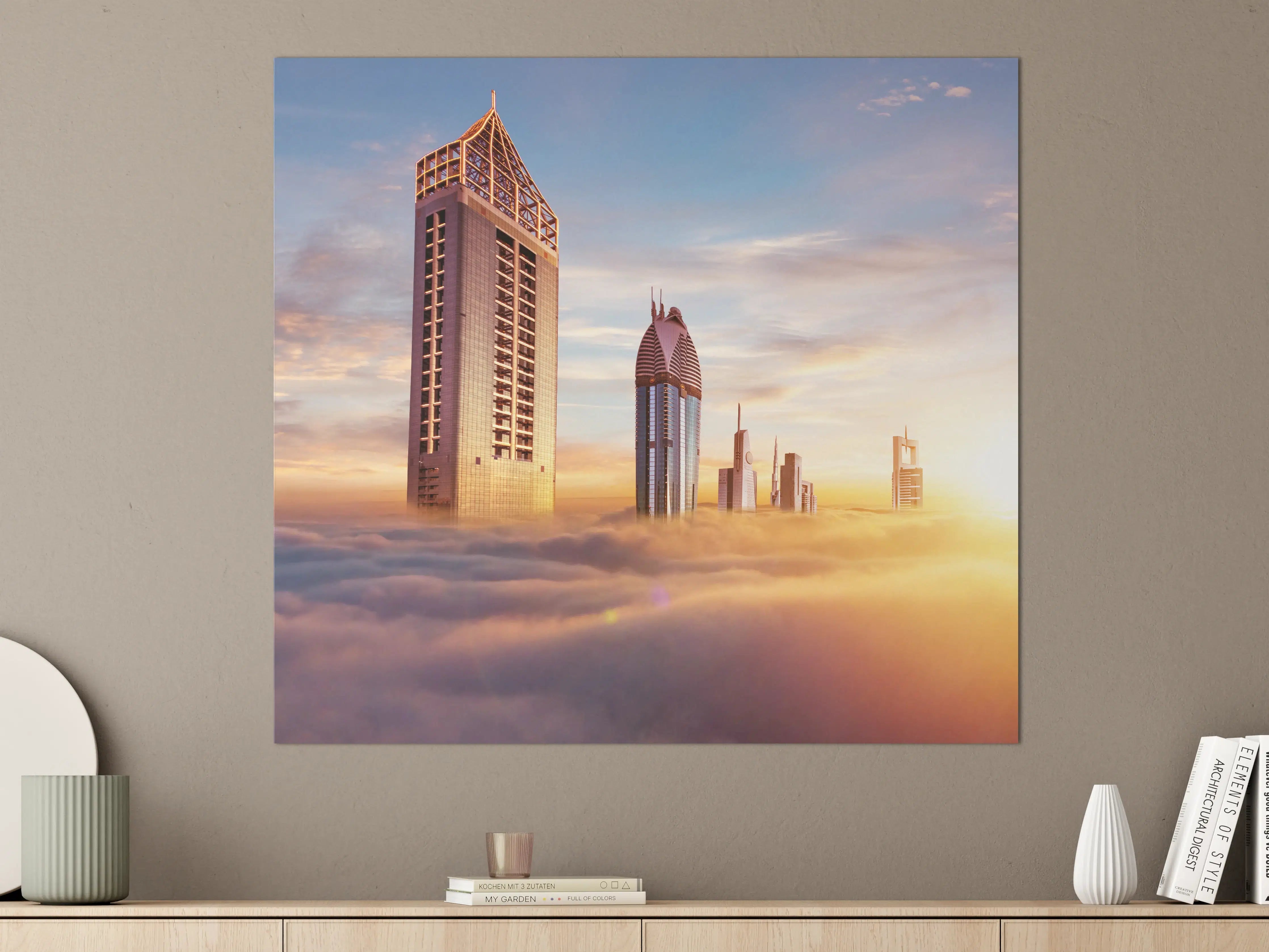 Große Wandbilder - Dubai Wolkenkratzer über den Wolken bei Sonnenaufgang