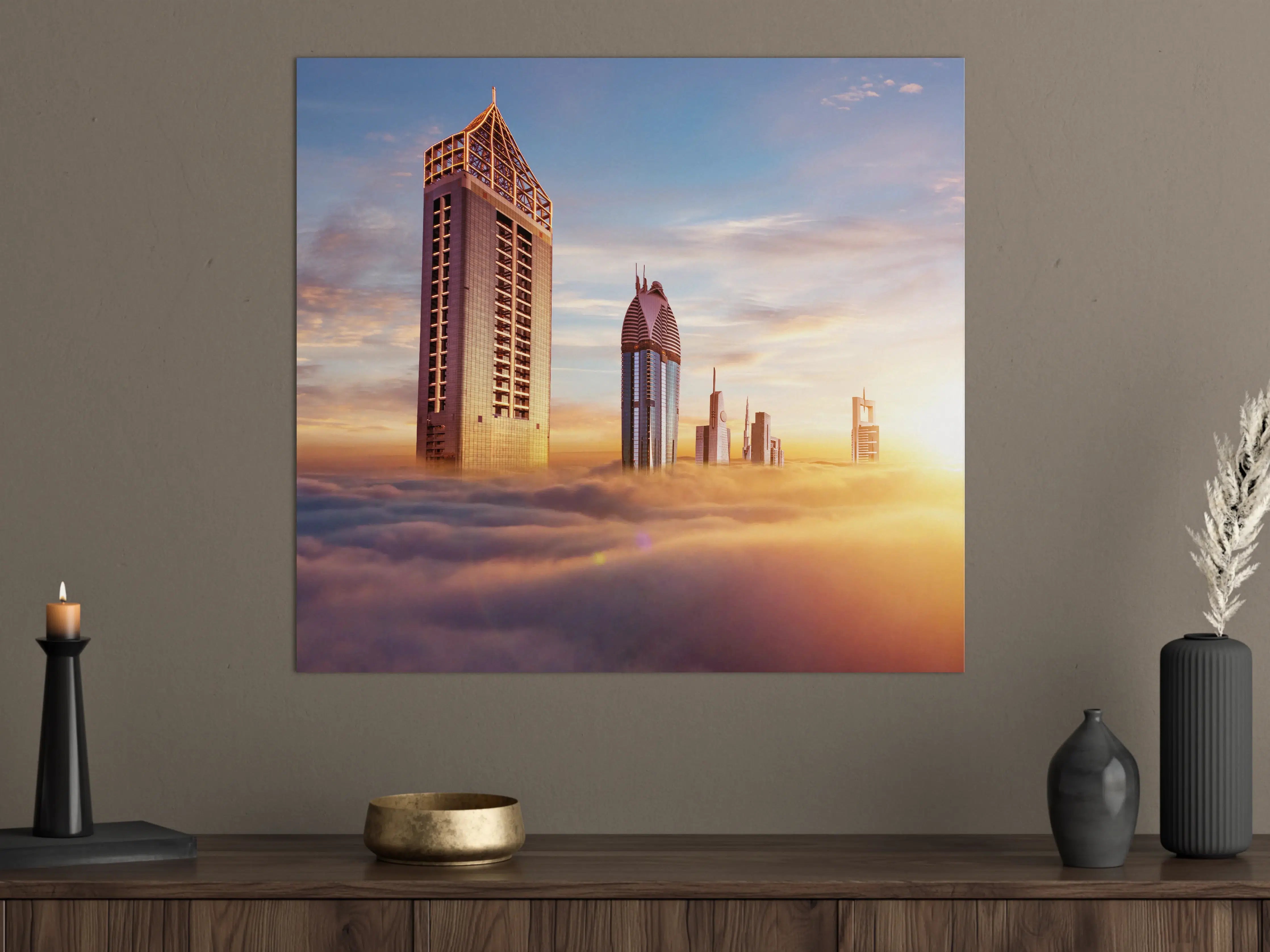 Große Wandbilder - Dubai Wolkenkratzer über den Wolken bei Sonnenaufgang